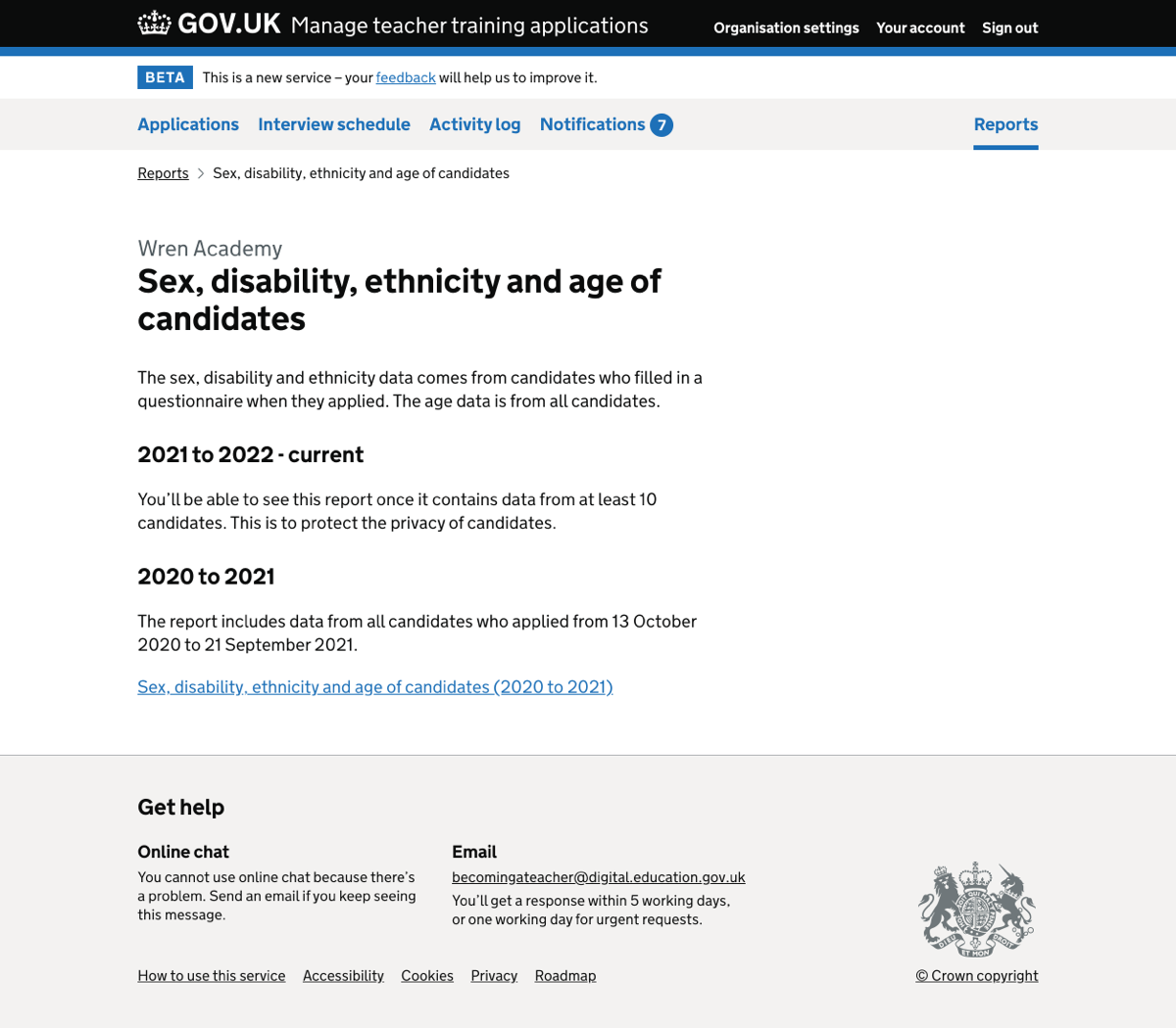 Candidate sex, disability, ethnicity and age report - interstitial with current report hidden
