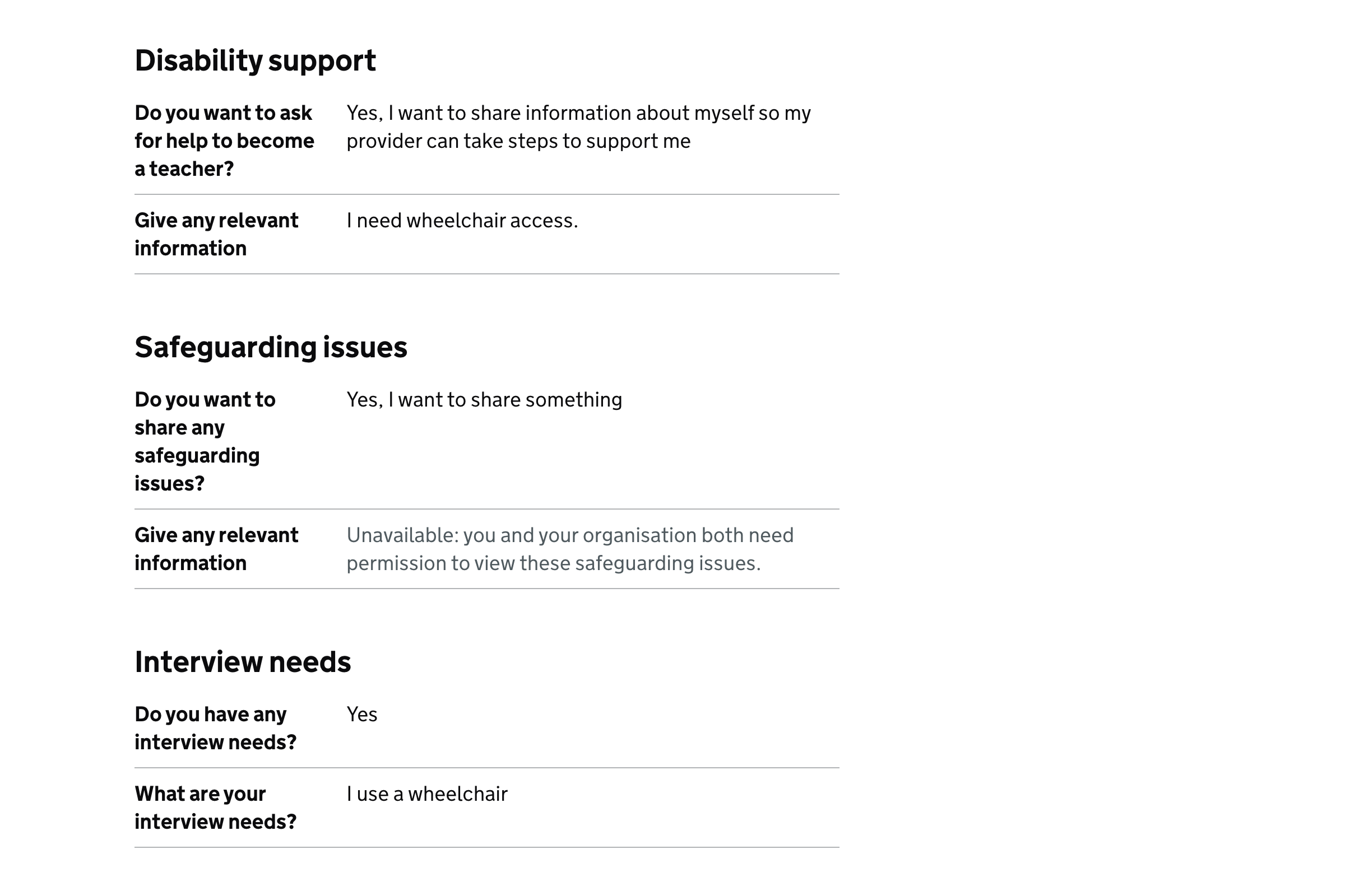 Screenshot of ‘Disability support’, ‘Safeguarding issues’ and ‘Interview needs’ sections of the application page.