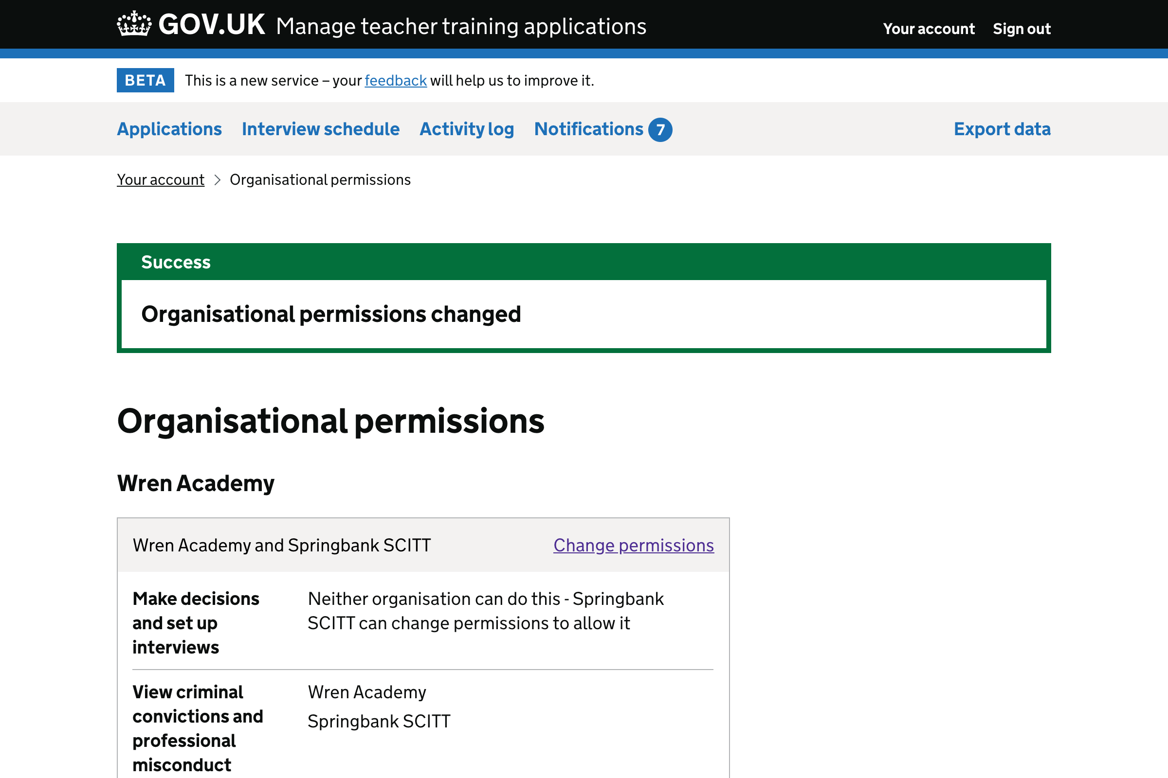 Screenshot of organisational permissions page with success banner.