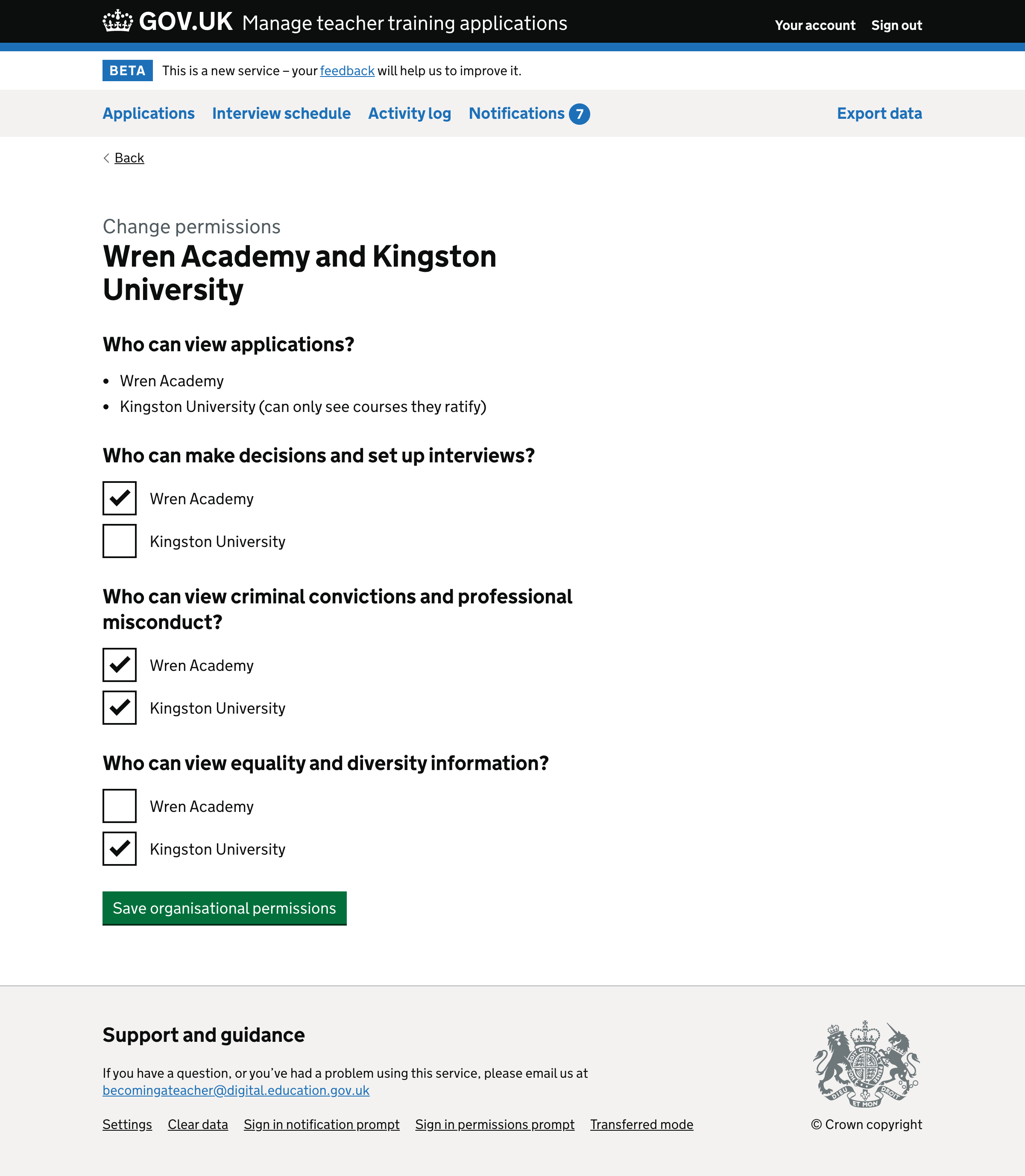 Screenshot of change organisational permissions form.