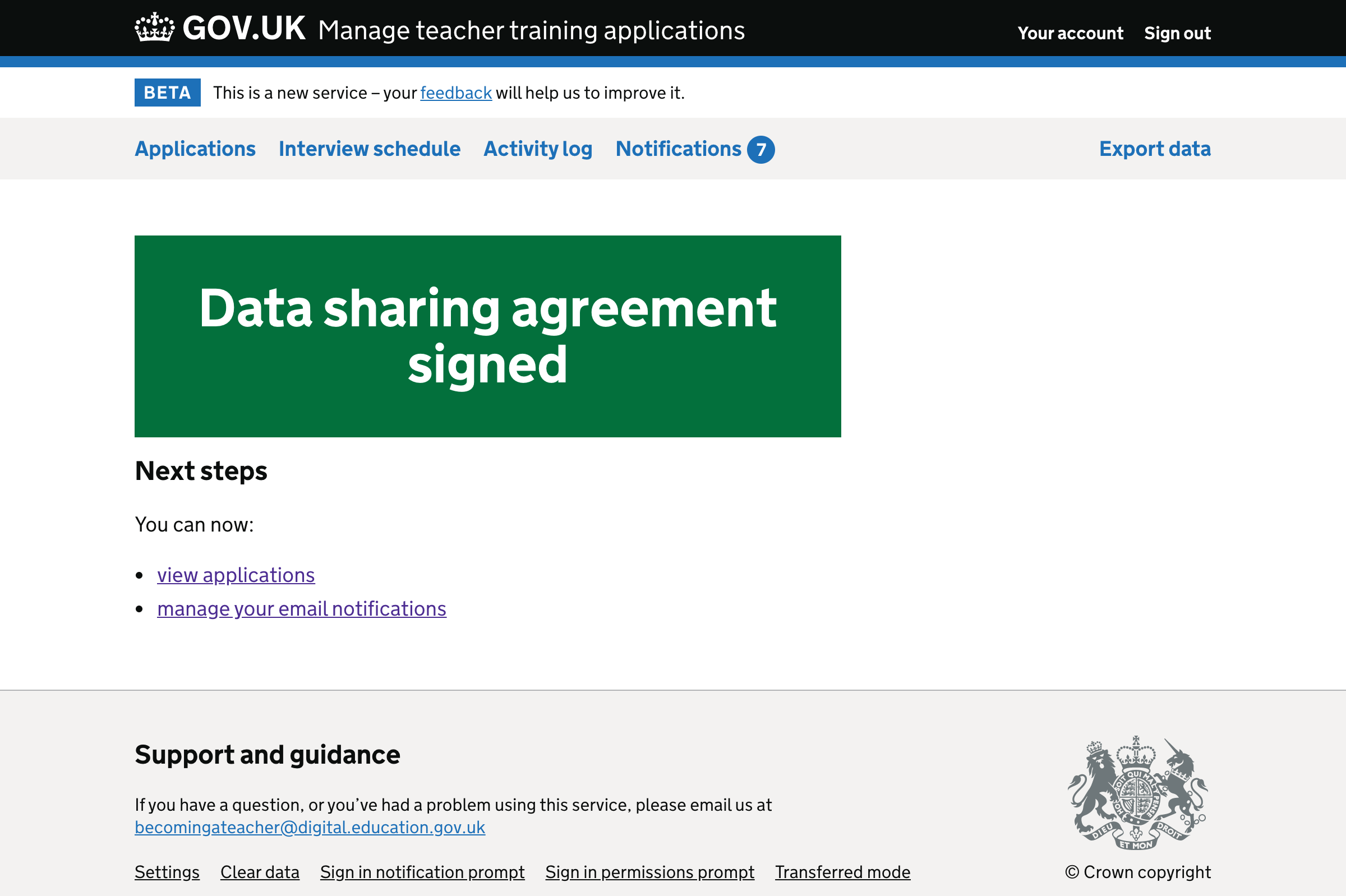 Screenshot of ‘Data sharing agreement signed’ confirmation page with next step links, but not a link to invite or manage users.