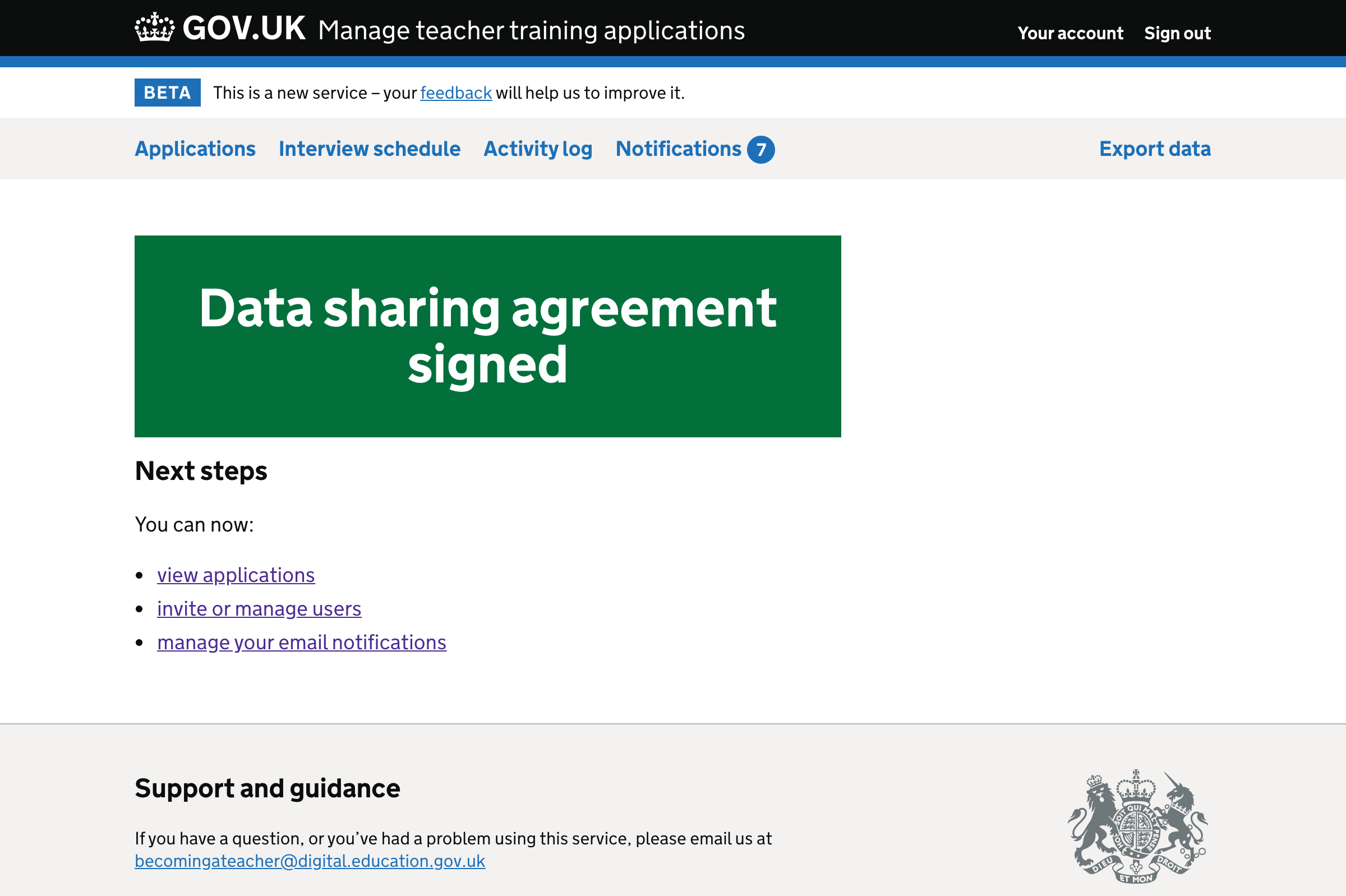 Screenshot of ‘Data sharing agreement signed’ confirmation page with next step links.