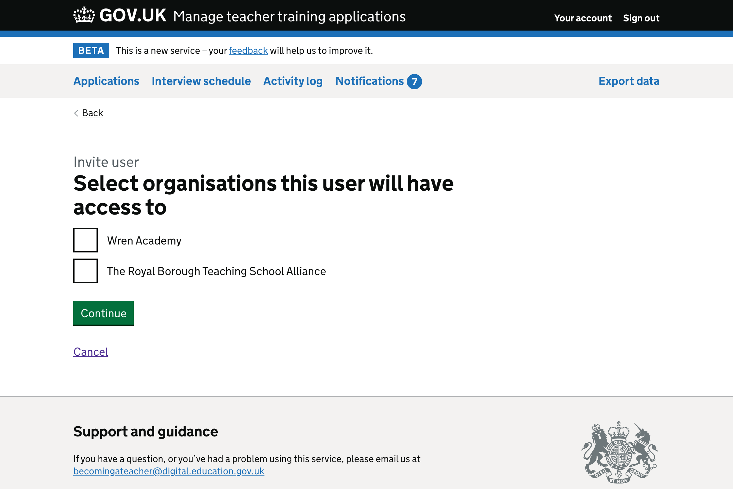 Screenshot of organisational access form.