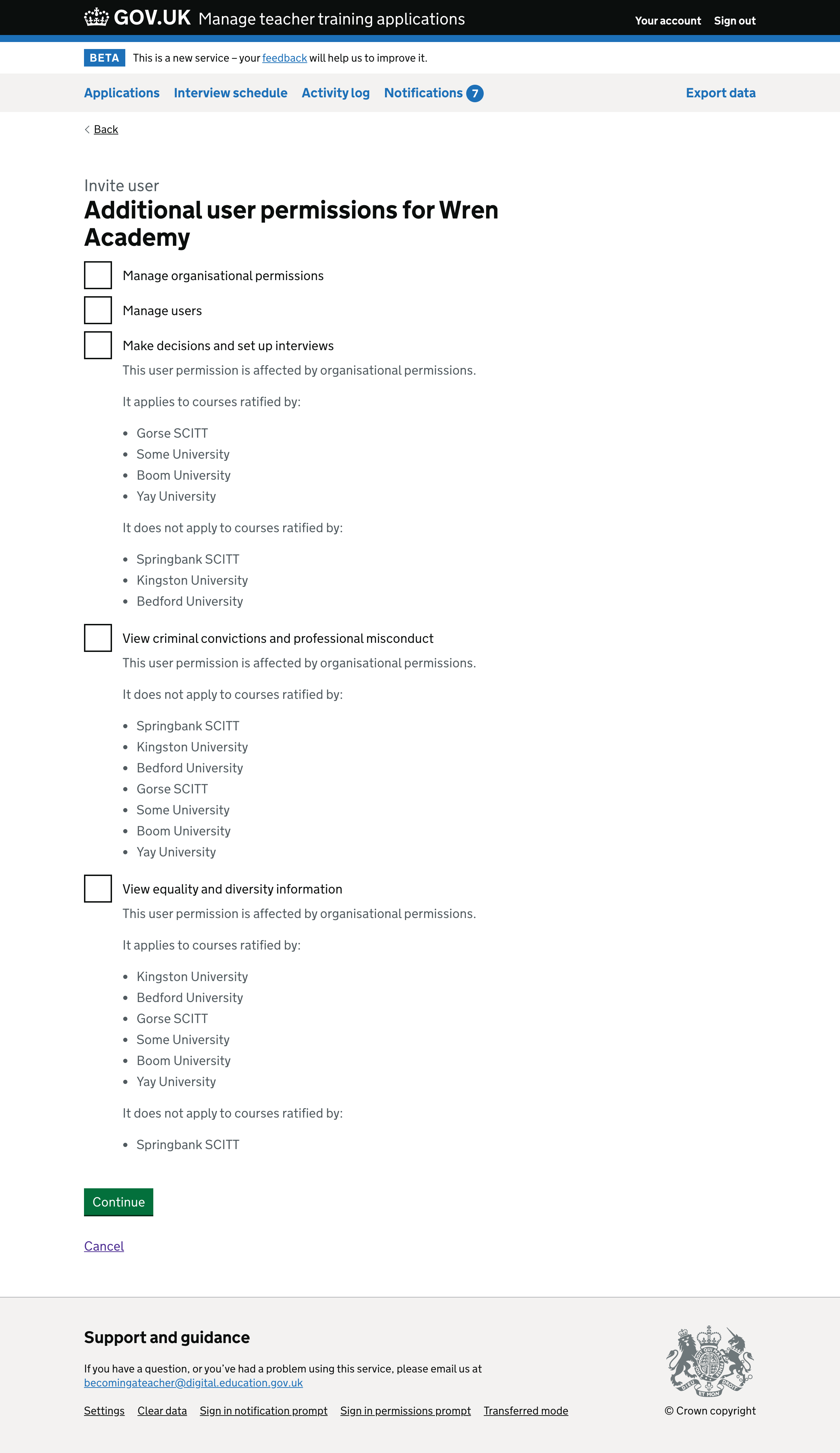 Screenshot of additional permissions form.
