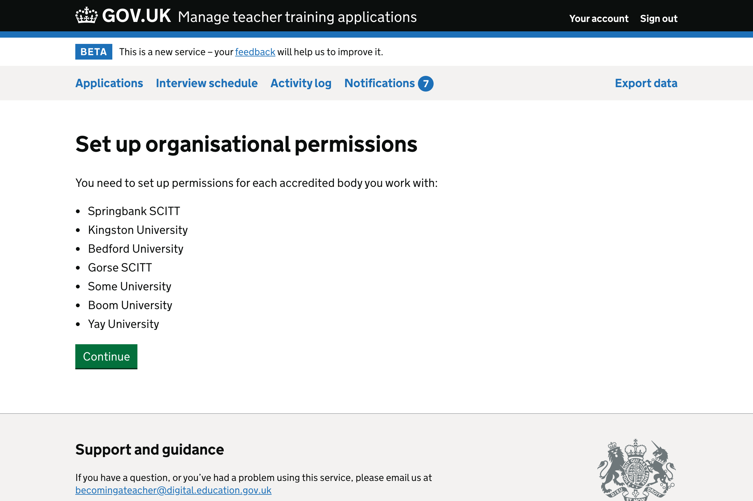 Screenshot of ‘Set up organisational permissions’ page for a user that belongs to only one organisation.