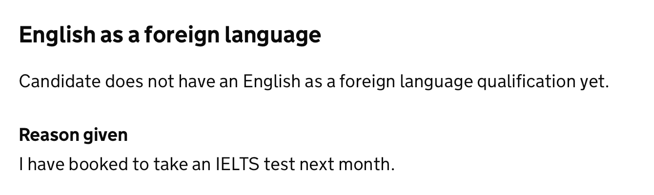 English as a foreign language showing reason why they do not have this qualification yet.