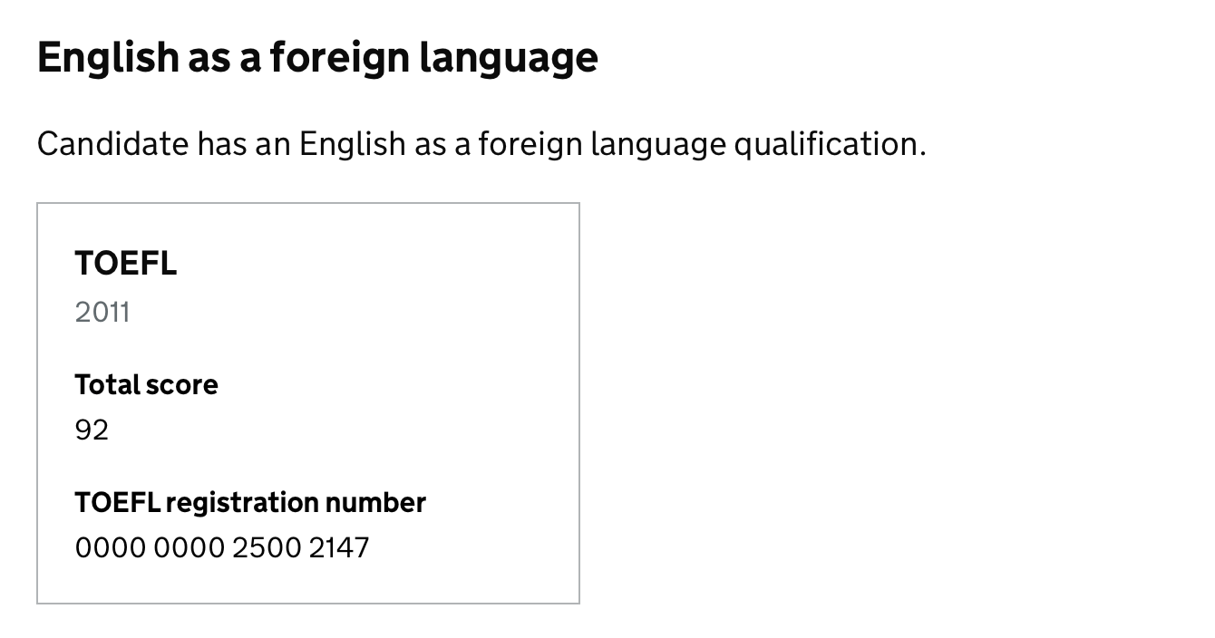 English as a foreign language showing qualification gained.