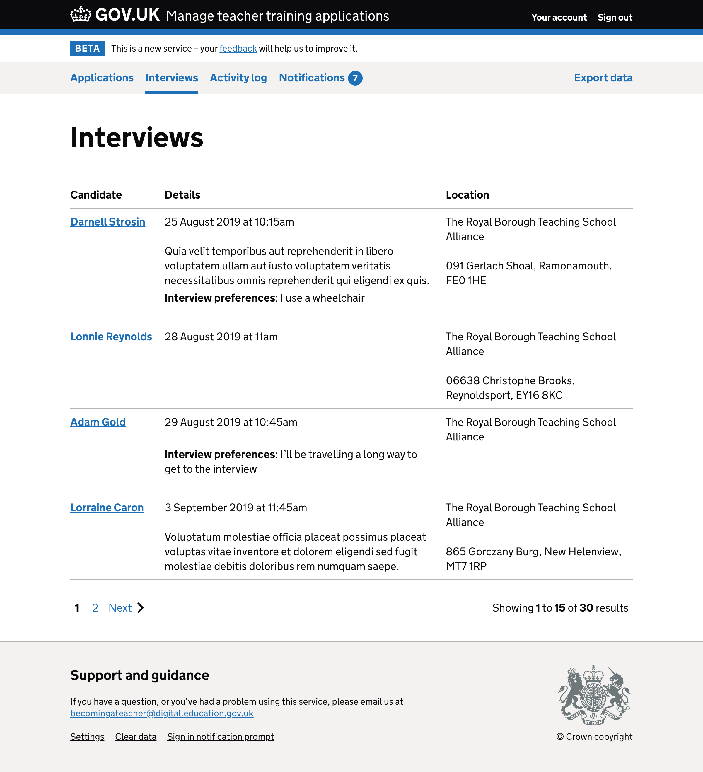 Screenshot of ‘Interviews’ page.