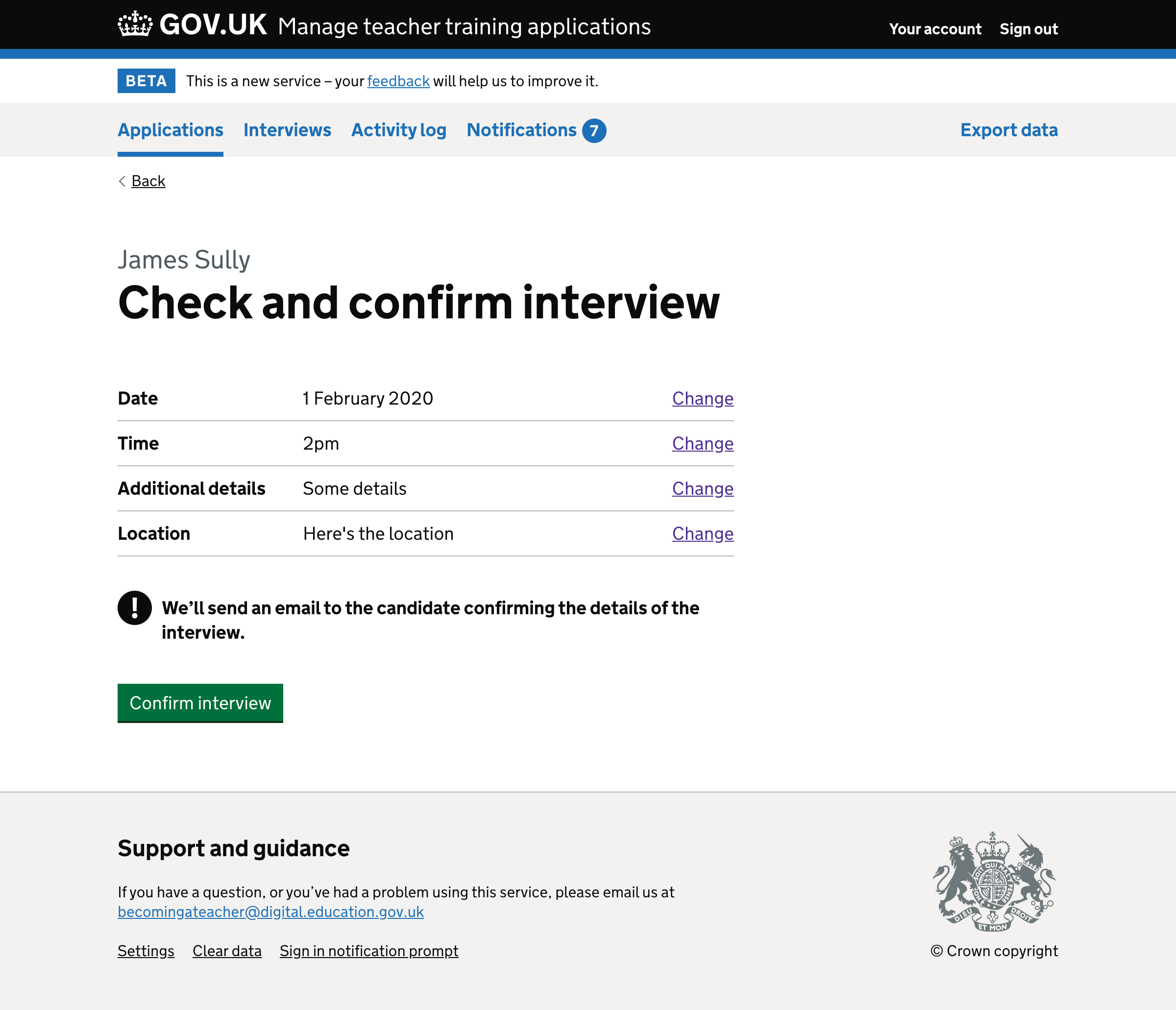 Screenshot of ‘Check and confirm interview’ page.