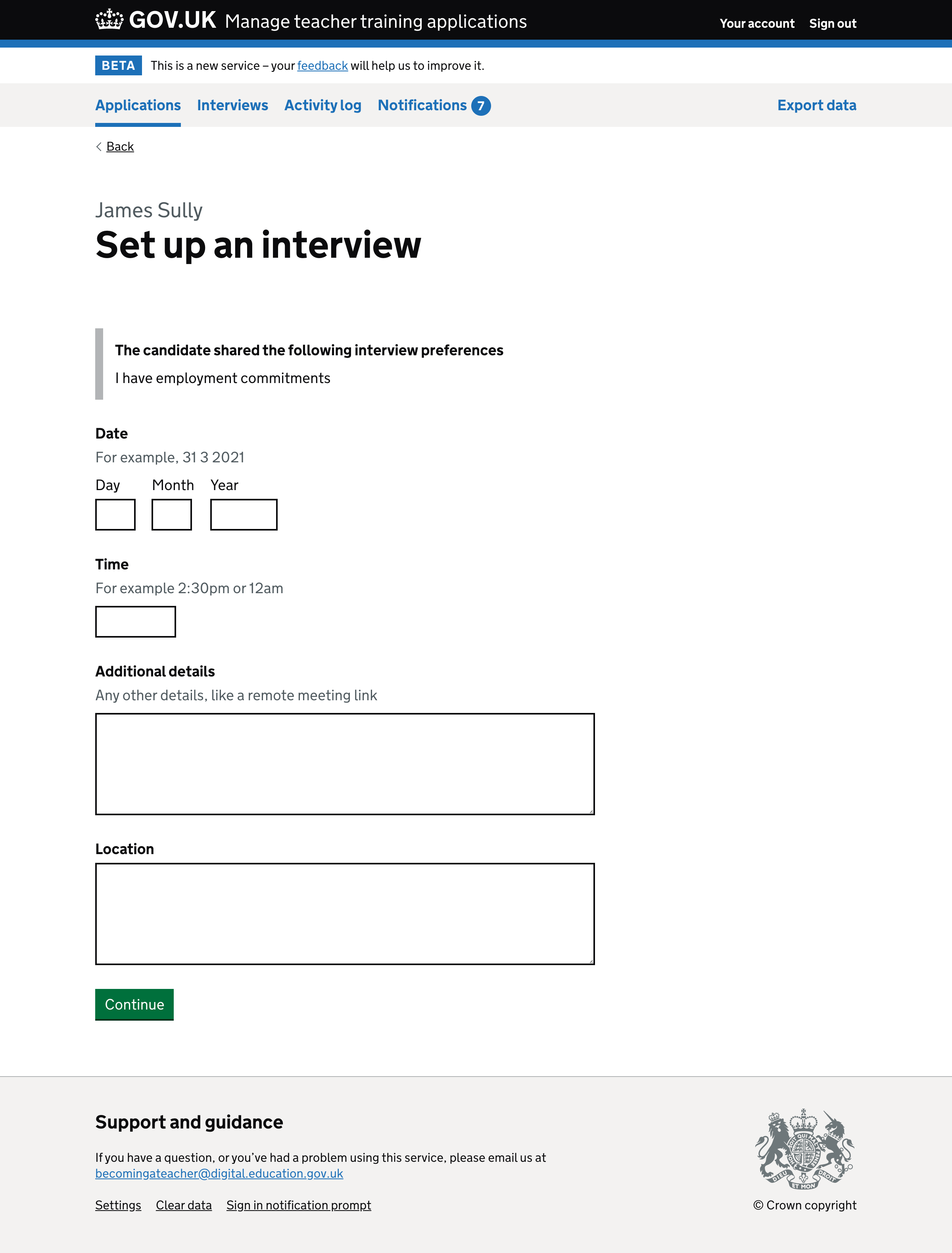 Screenshot of ‘Set up an interview‘ page.