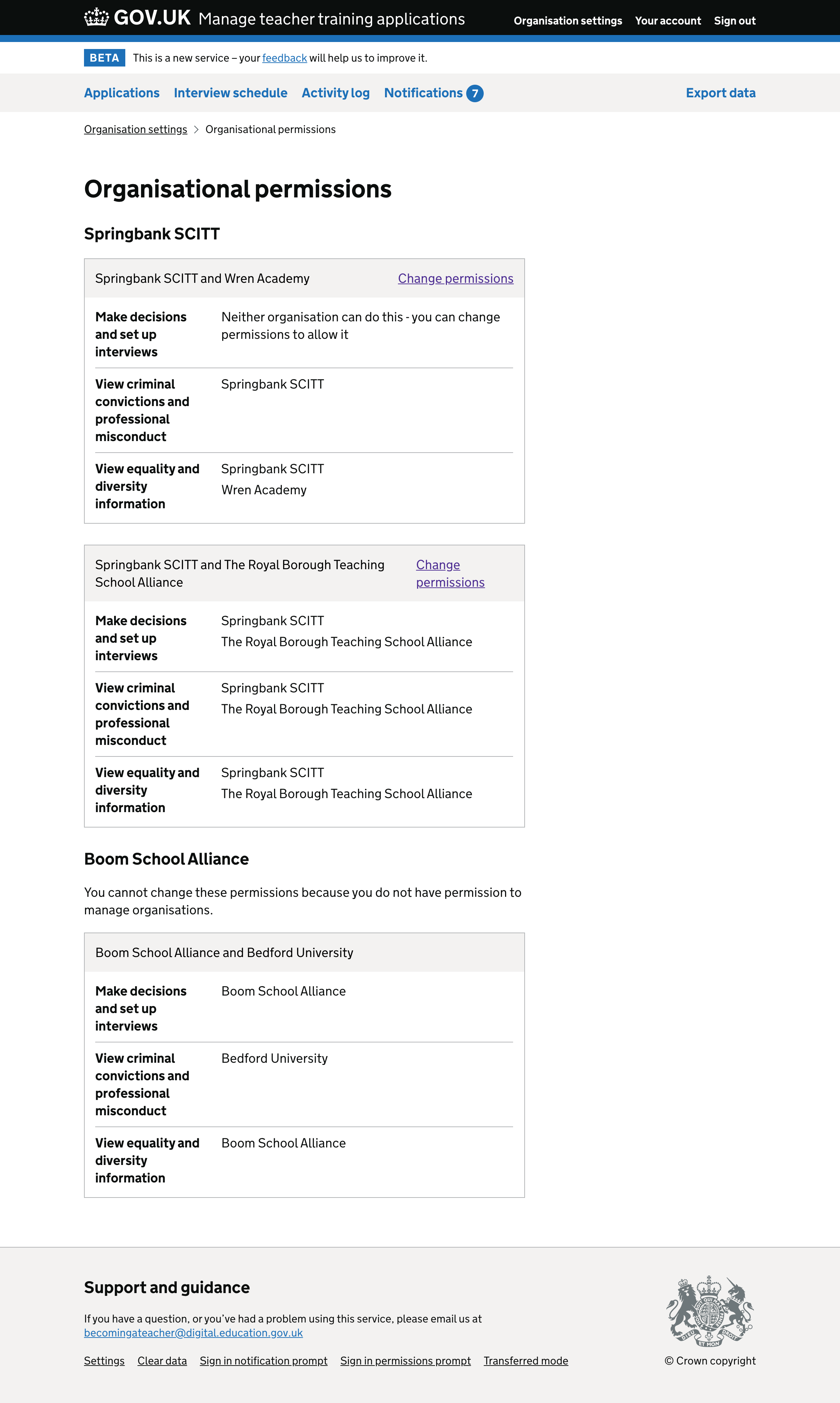 Screenshot of ‘Organisational permissions’ page.