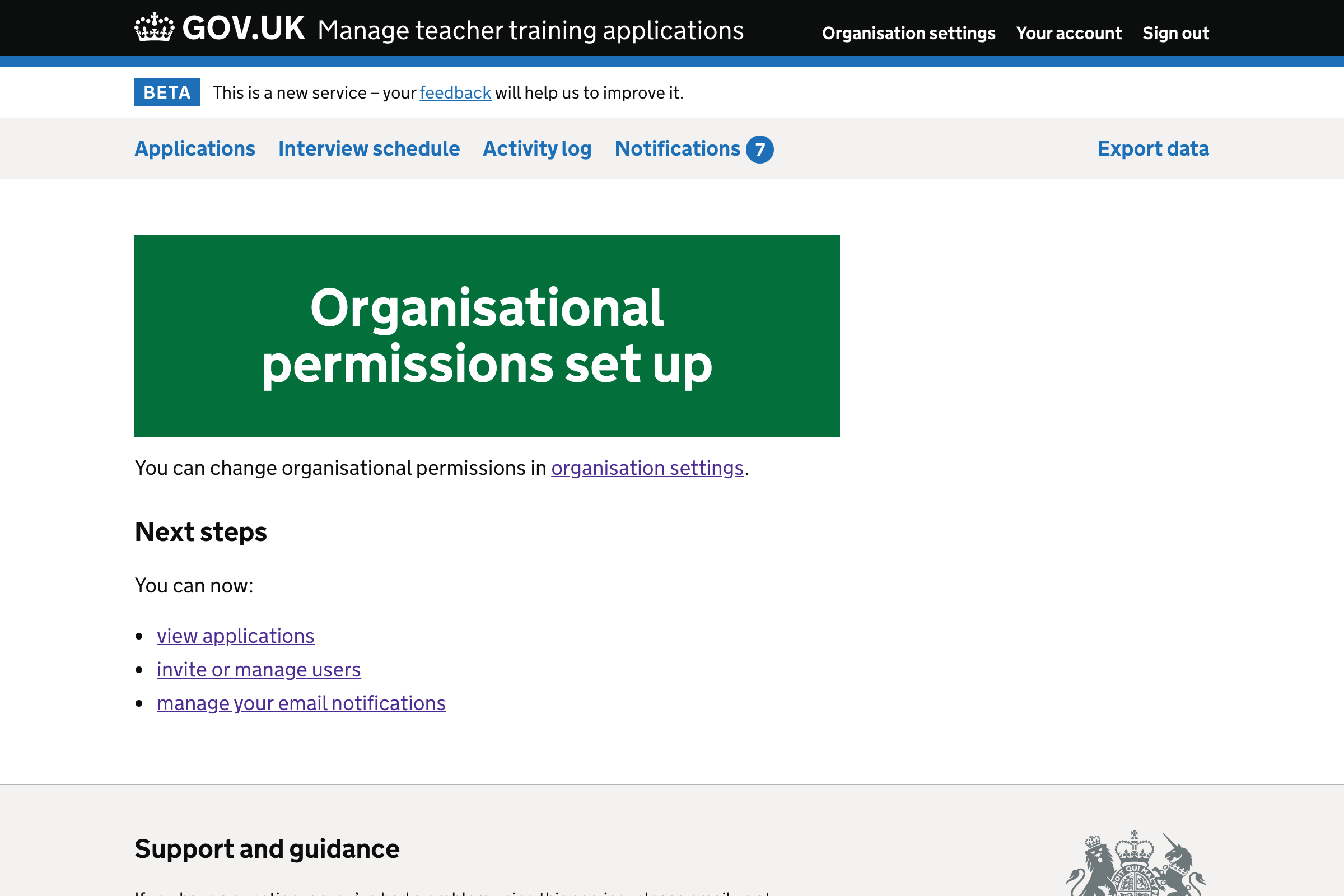 Screenshot of ‘Organisational permissions set up’ confirmation page.