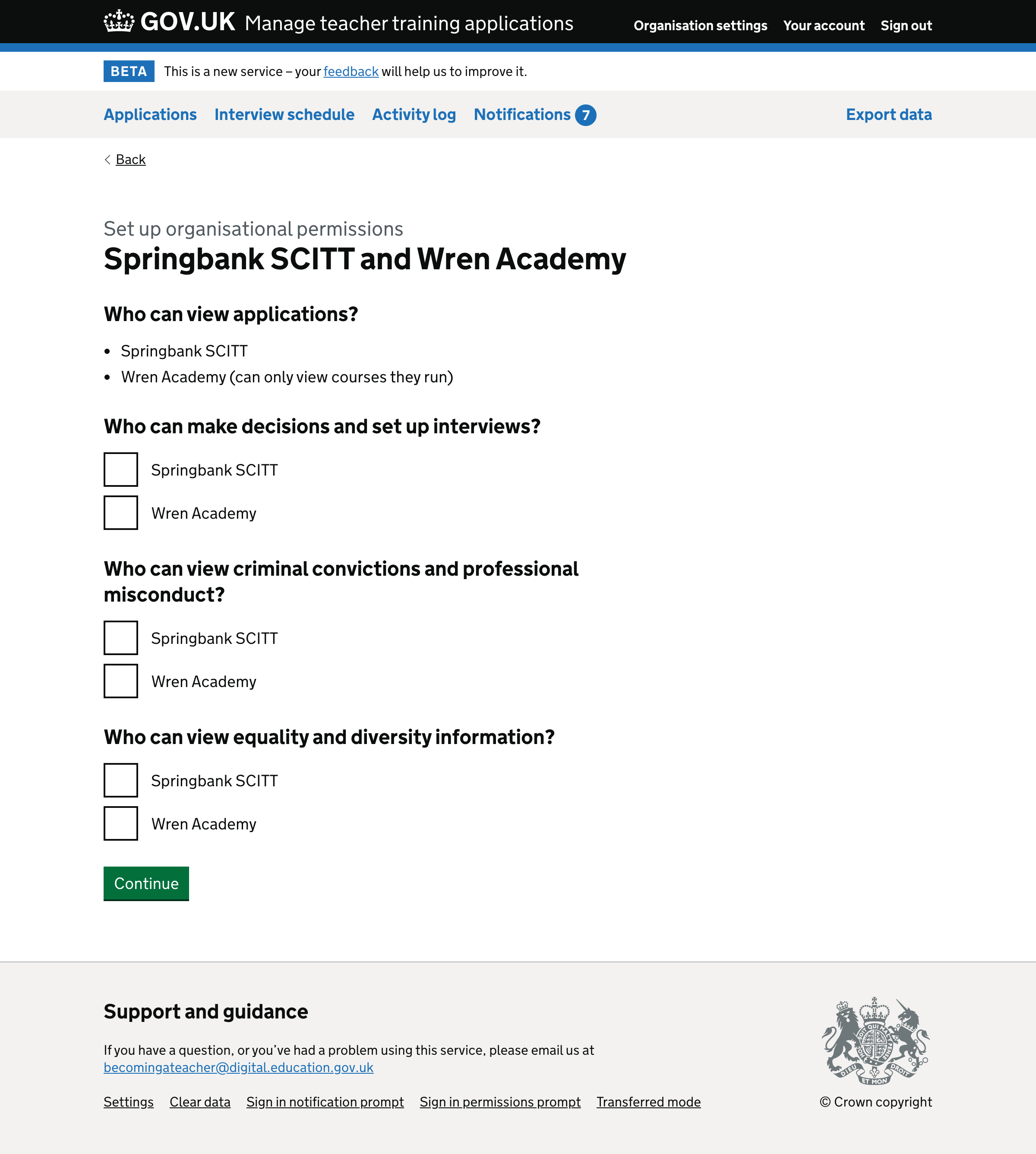 Screenshot of ‘Set up organisational permissions’ form.