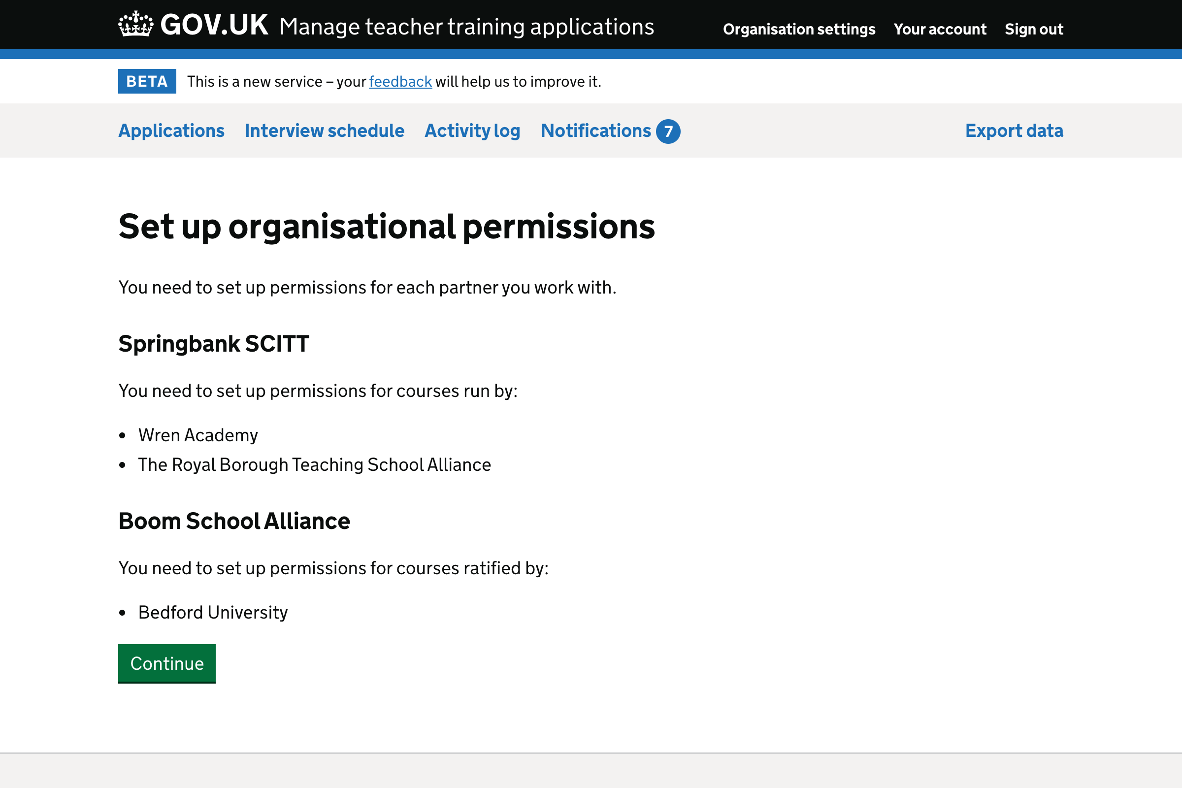 Screenshot of ‘Set up organisational permissions’ page.