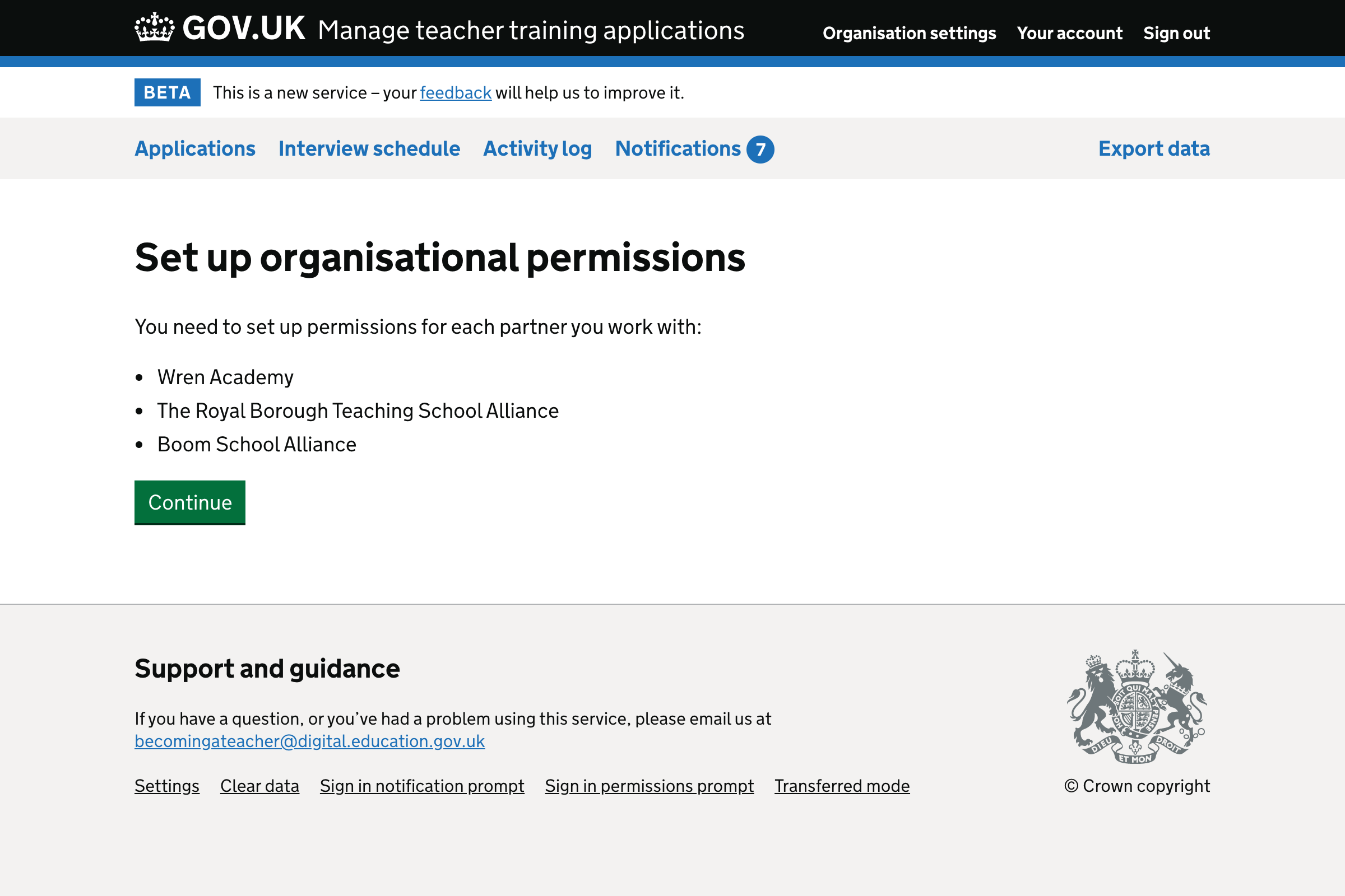 Screenshot of ‘Set up organisational permissions’ page.