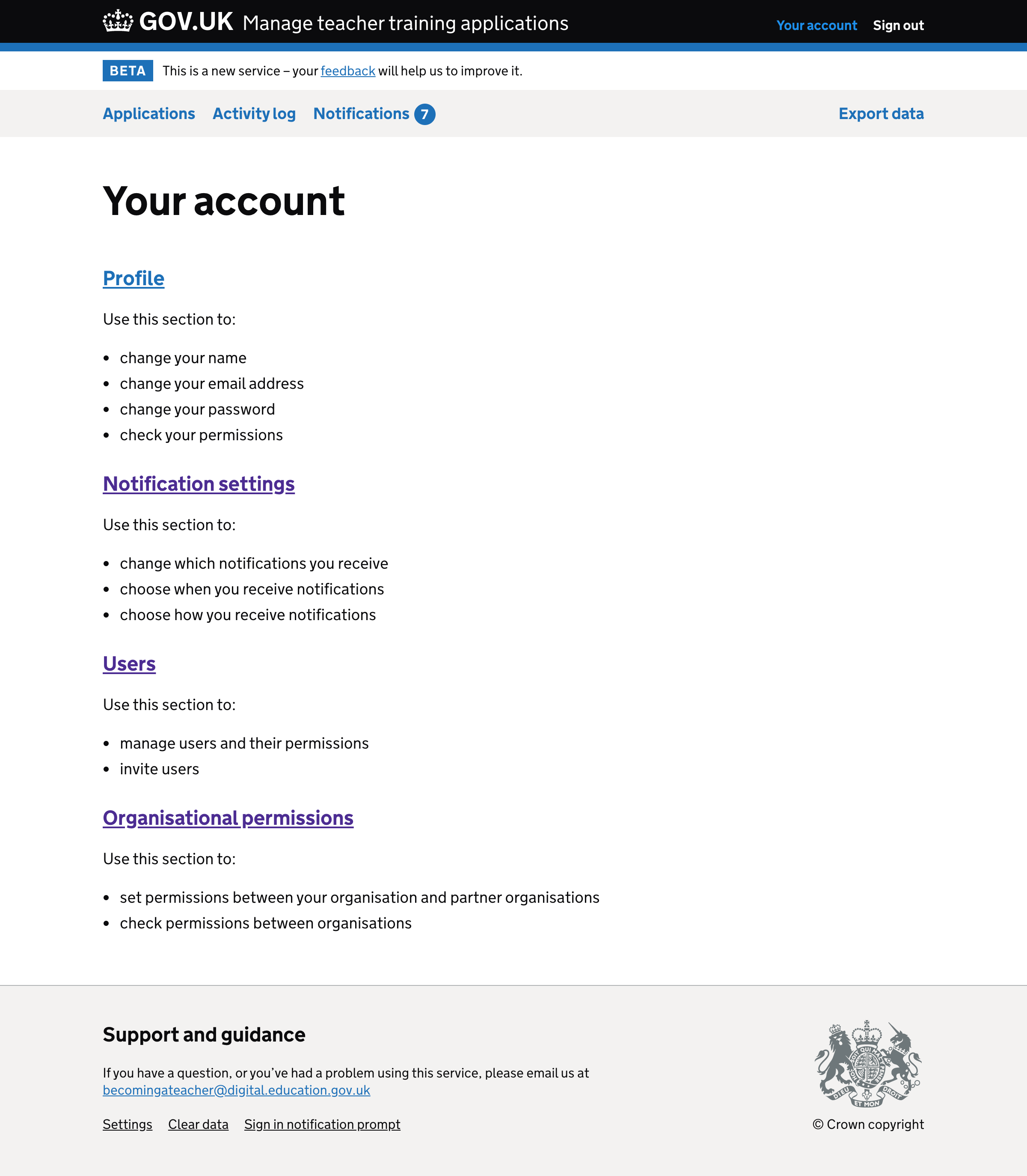 Screenshot of ‘Your account’ page.