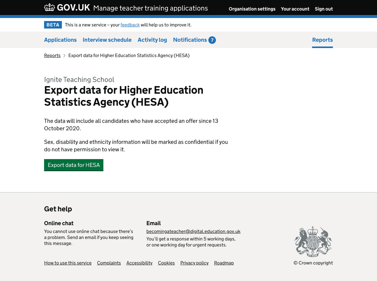 Export data for Higher Education Statistics Agency (HESA)