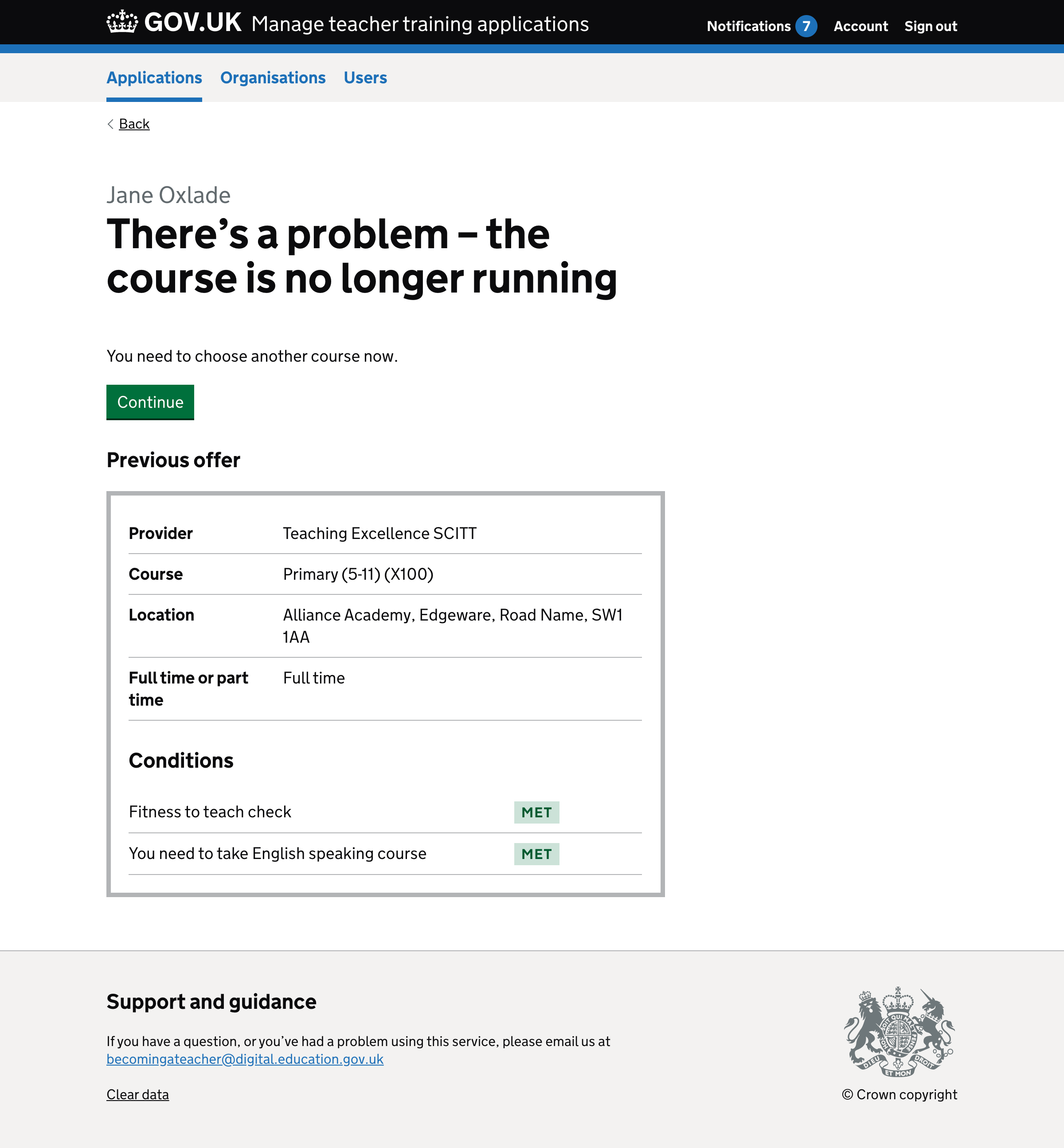 Screenshot of page with title ‘There’s a problem – the course is no longer running’.