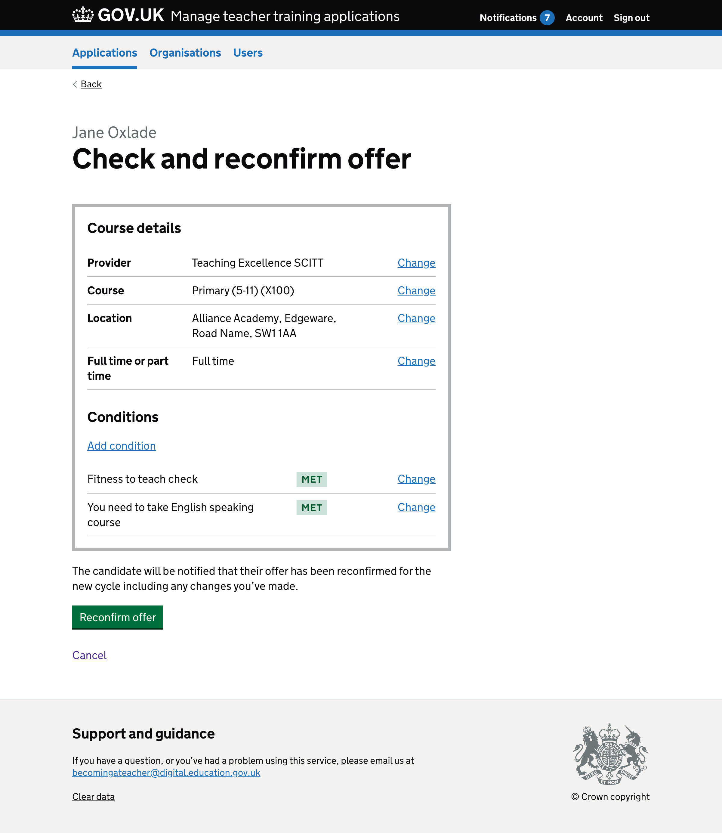 Screenshot of ‘Check and reconfirm offer’ page.