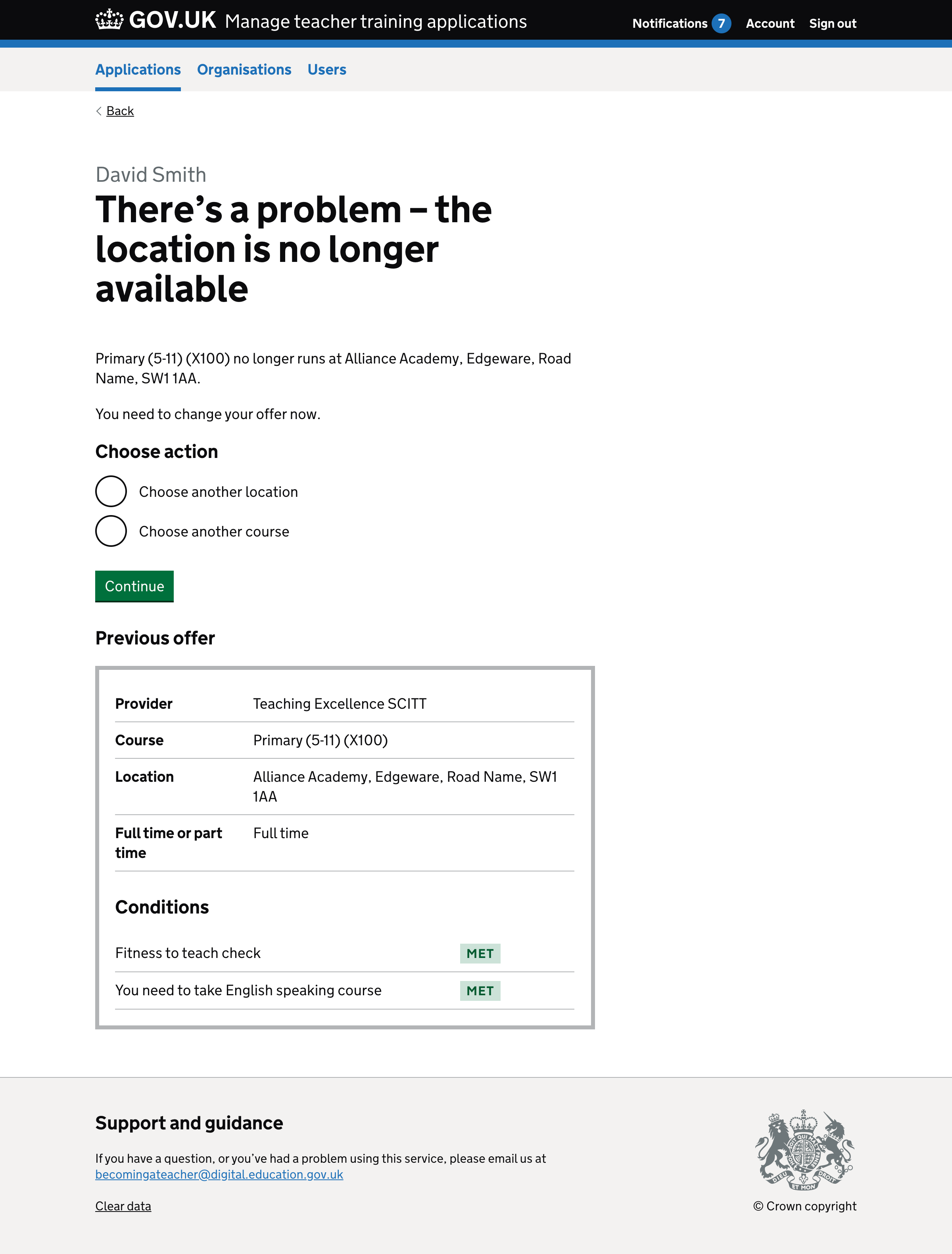 Screenshot of page with title ‘There’s a problem – the location is no longer available’.