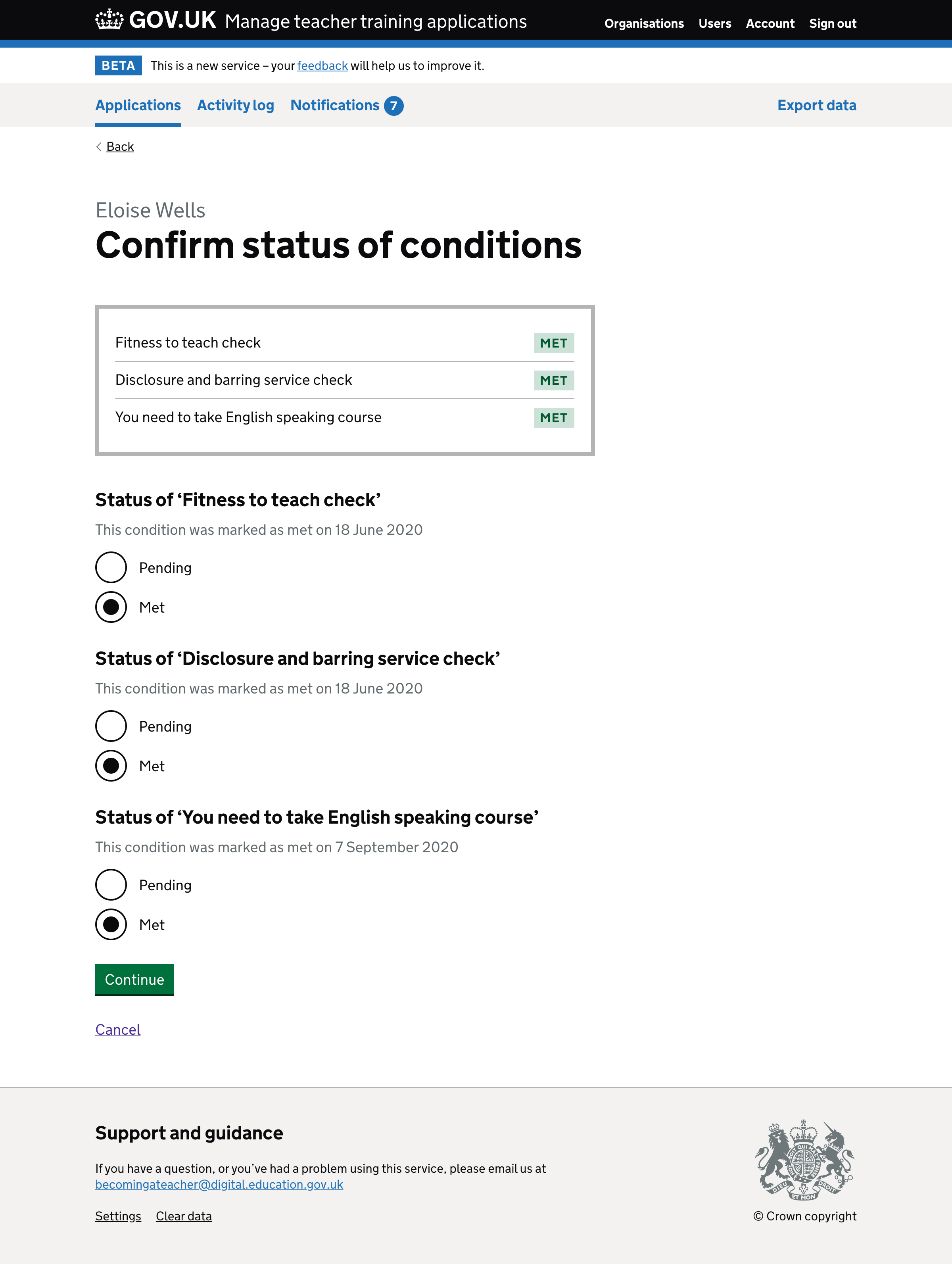 Confirming statuses when the conditions are tracked individually.