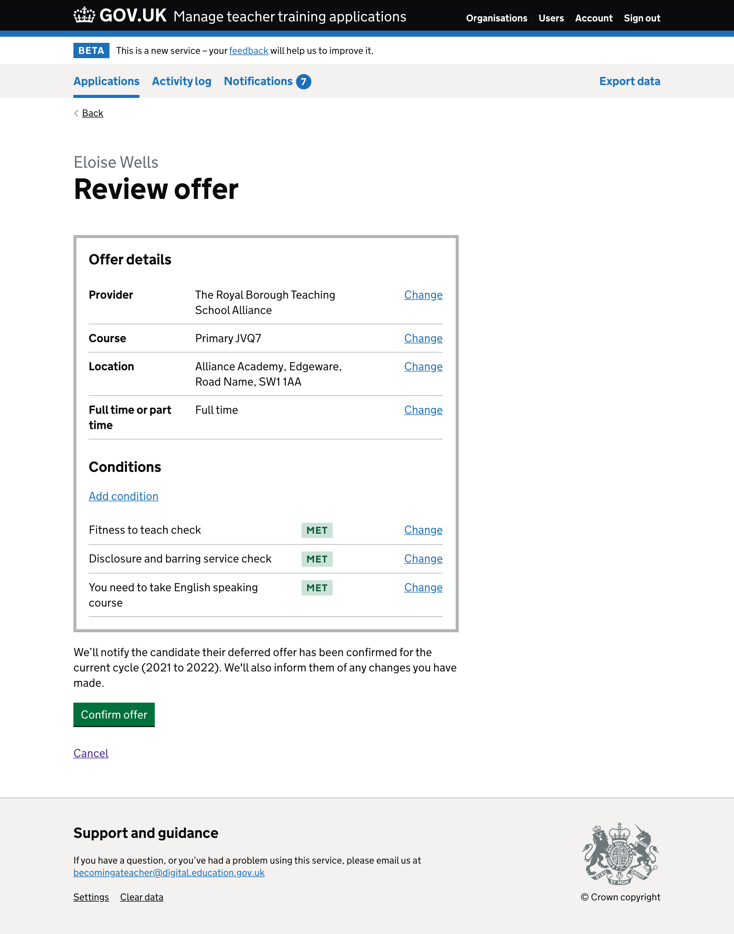 Screenshot of ‘Review offer’ page.