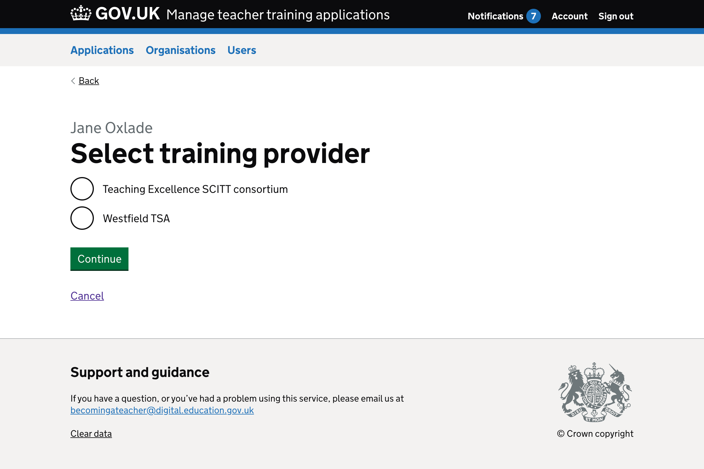 Screenshot of ‘Select training provider’ form.