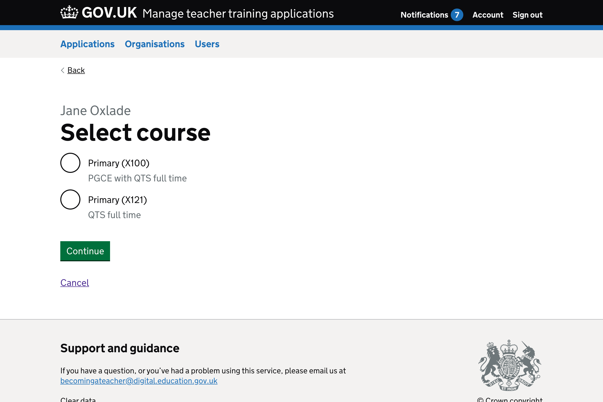 Screenshot of ‘Select course’ form.