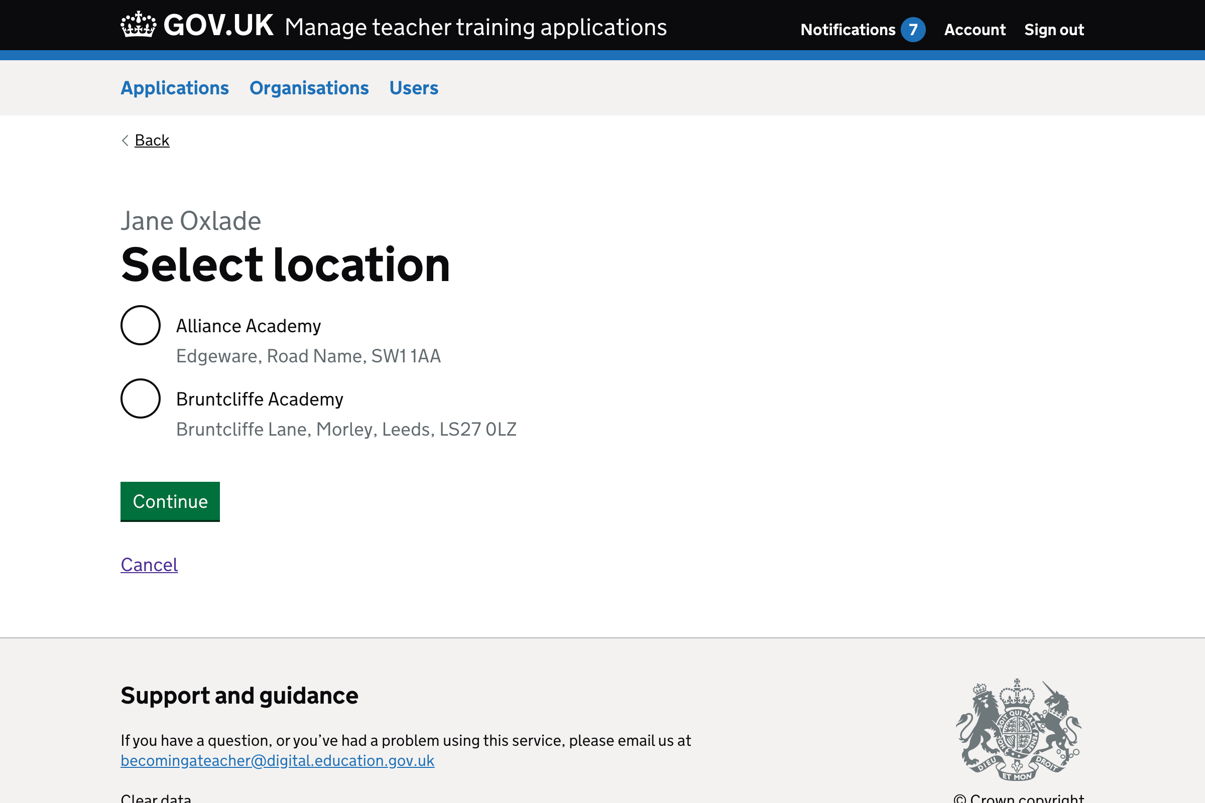 Screenshot of ‘Select location’ form.