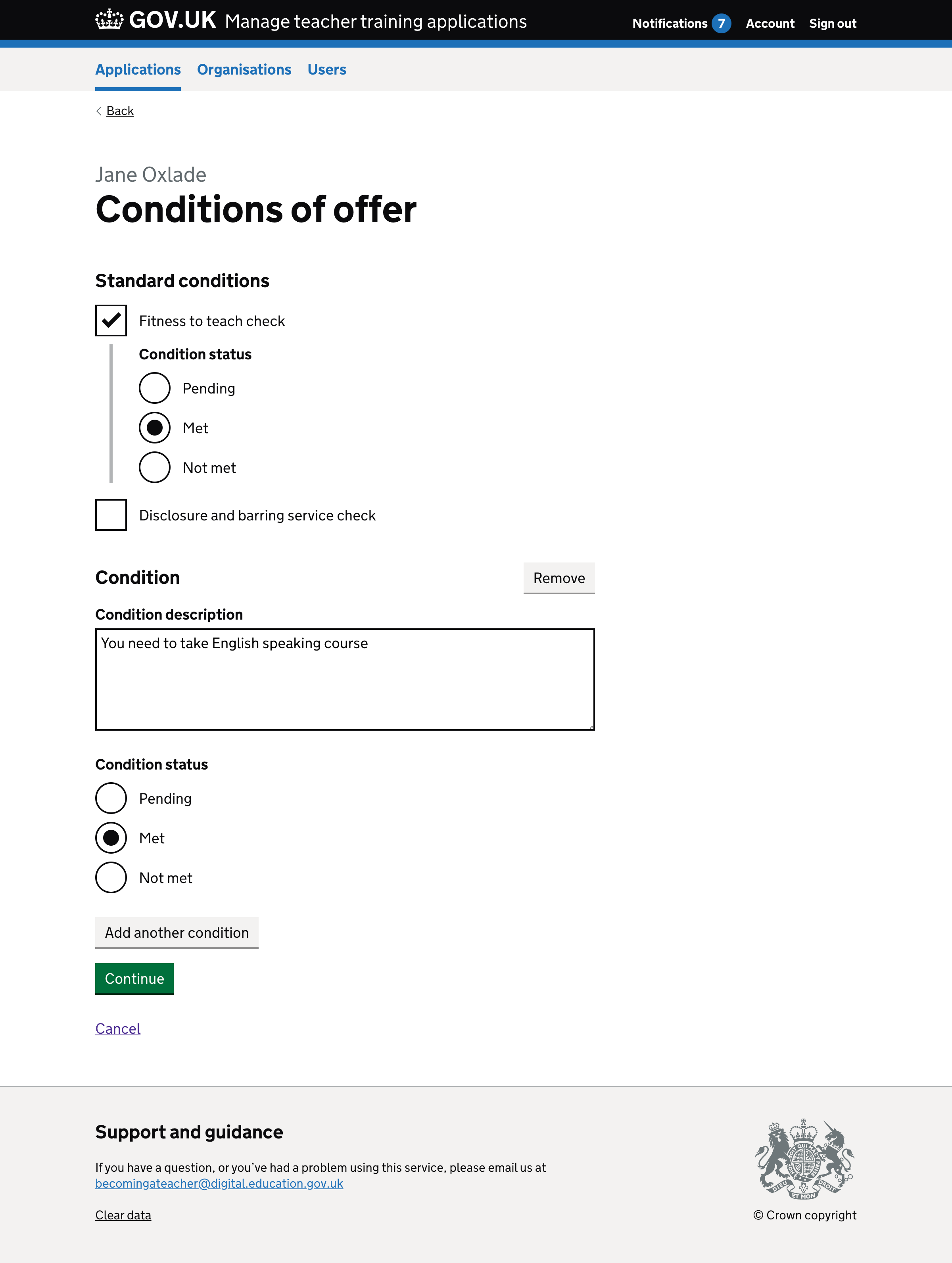 Screenshot of ‘Conditions of offer’ form.