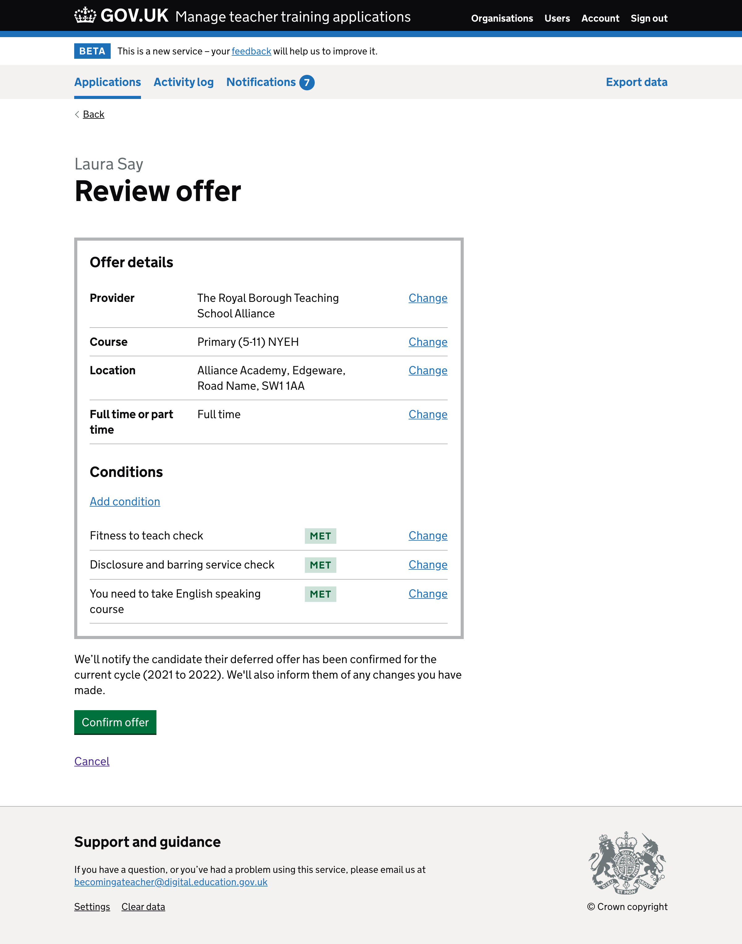Screenshot of ‘Review offer’ page.