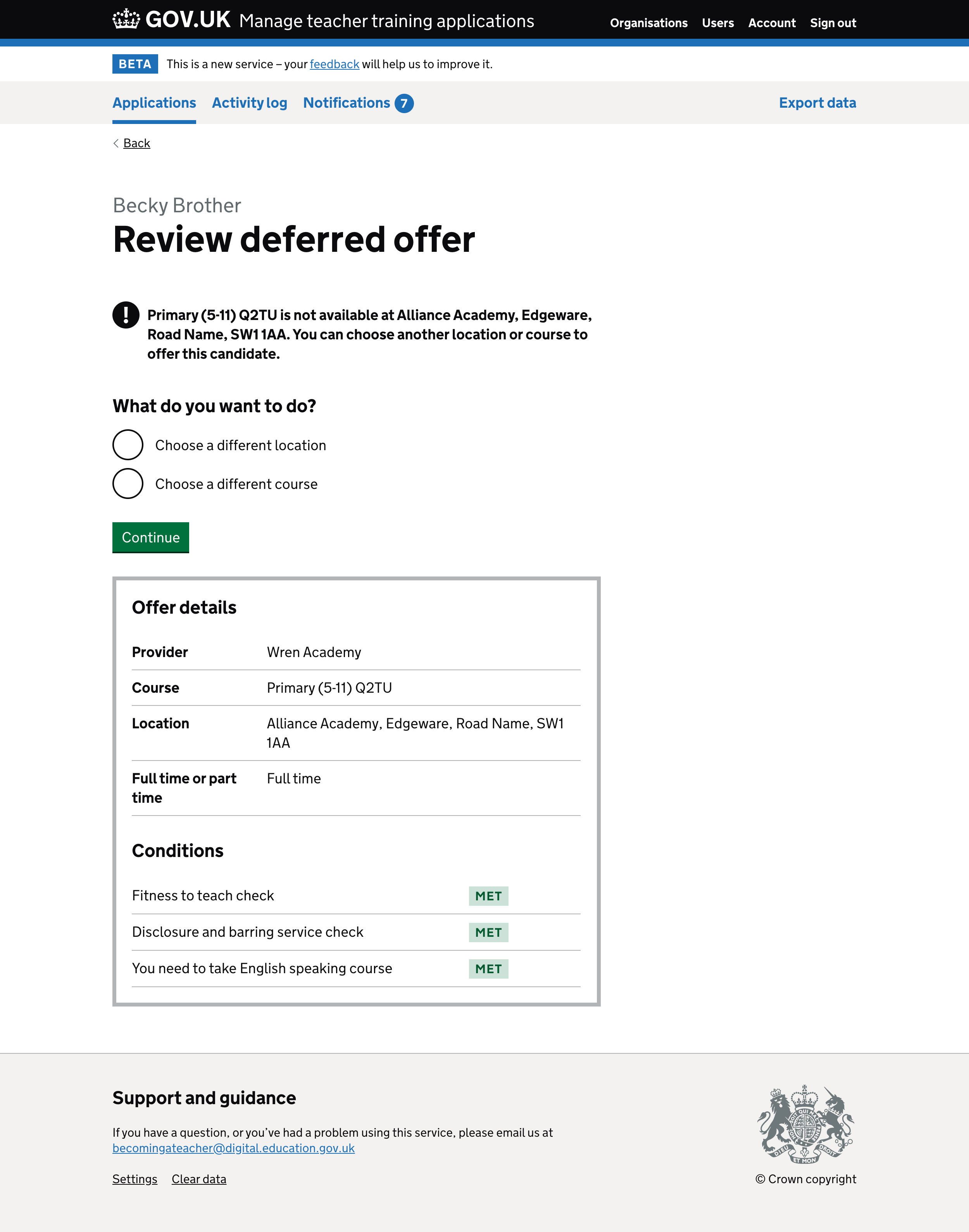 Screenshot of ‘Review deferred offer’ page with a warning about the location.