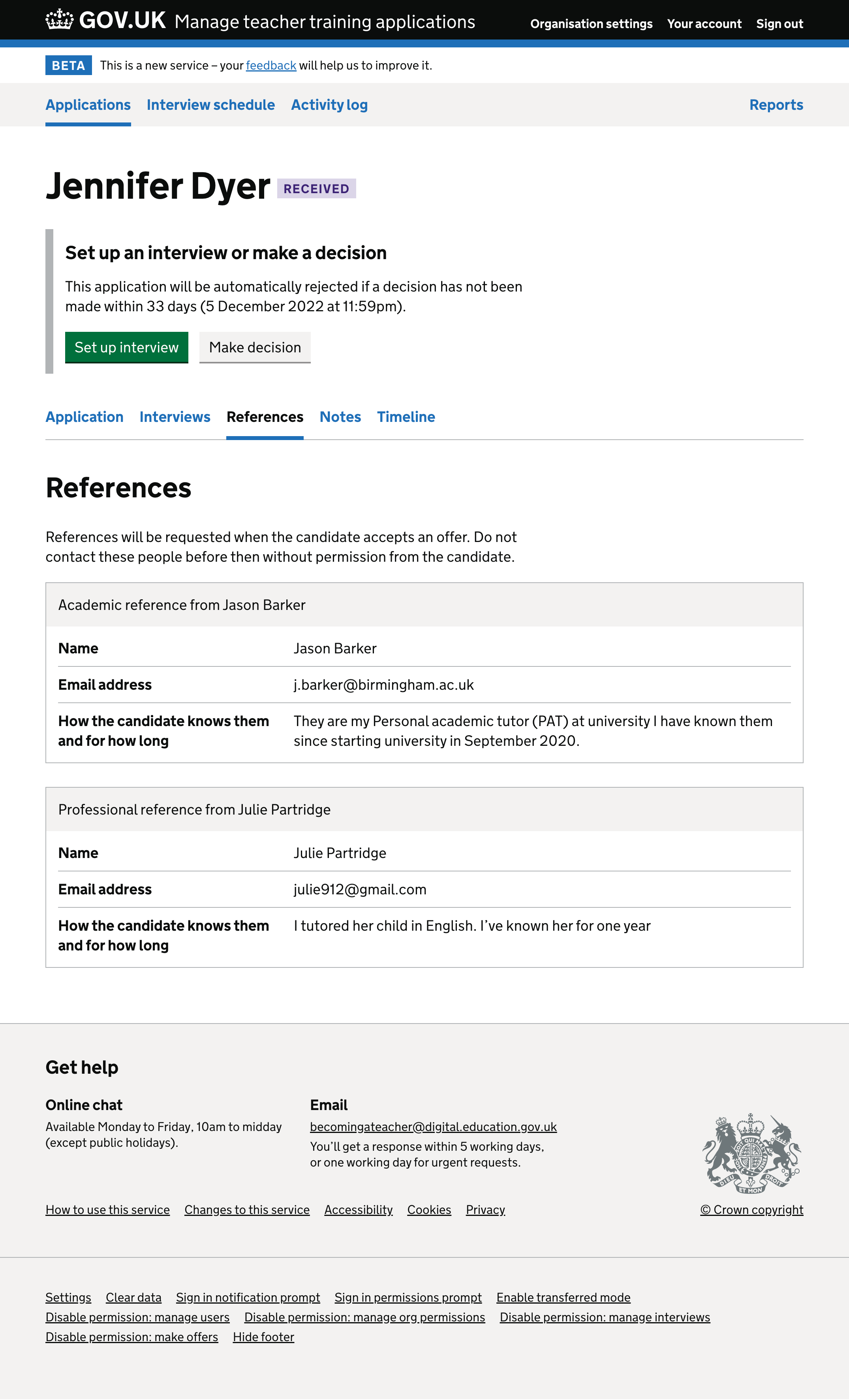 Screenshot showing a page with the heading 'References' and the text 'References will be requested when the candidate accepts an offer. Do not contact these people before then without permission from the candidate.' followed by 2 references containing the details of their name, e-mail address and 'how the candidate knows them and for how long'