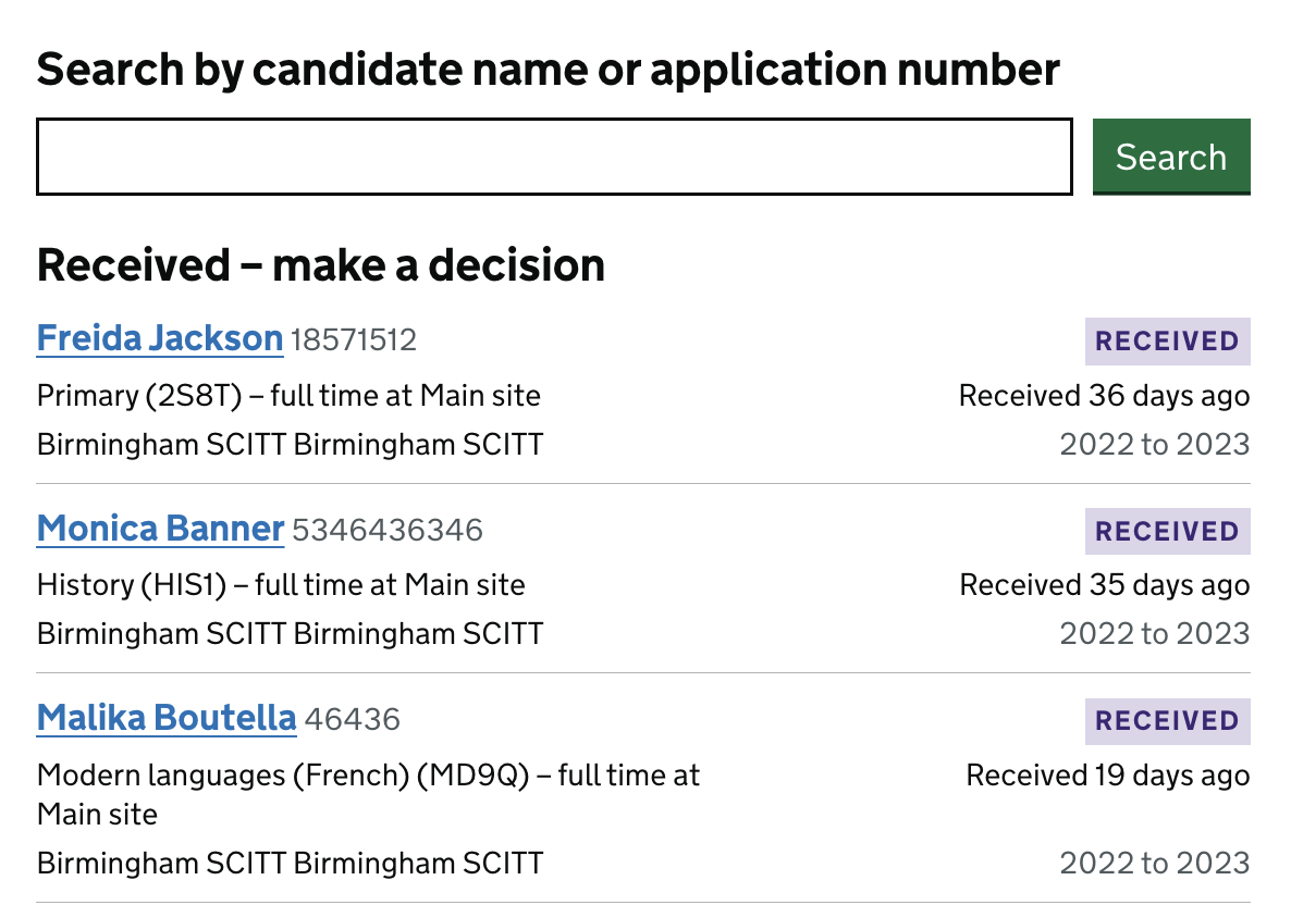 Screenshot showing a page with a list of applications. The header reads 'Received - make a decision'. Each application has a purple status tag that says 'Received'. Underneath the tag it says how long ago the application was received.