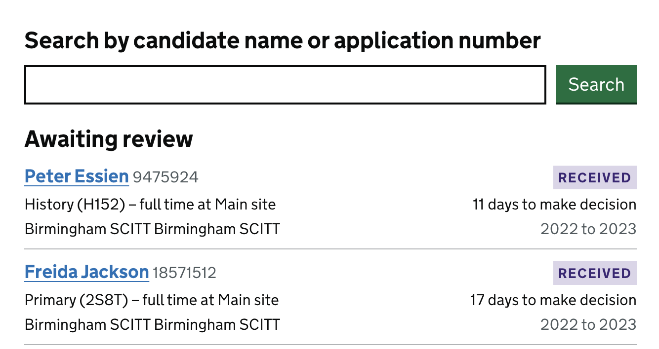 Screenshot showing a page with a list of applications. The header reads 'Awaiting review'. Each application has a purple status tag that says 'Received'. Underneath the tag it says '11 days to make a decision'.