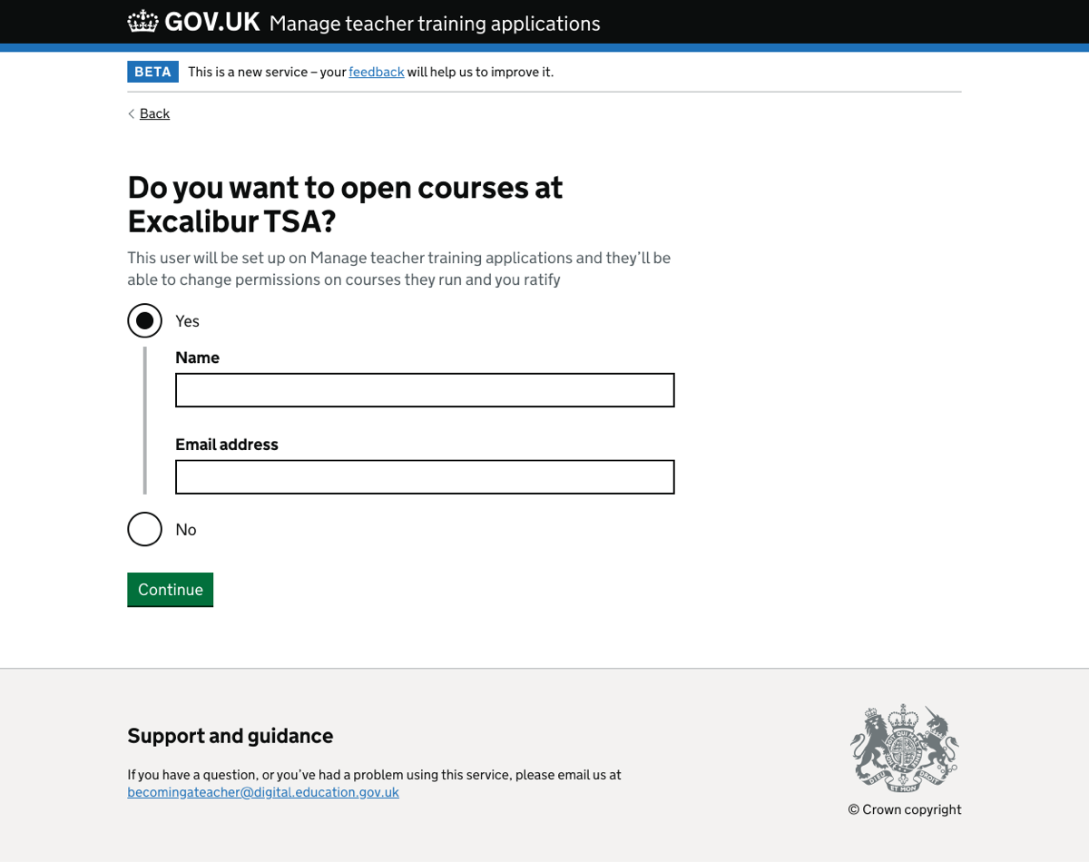 Question page asking ‘do you want to open courses at the school direct?’.