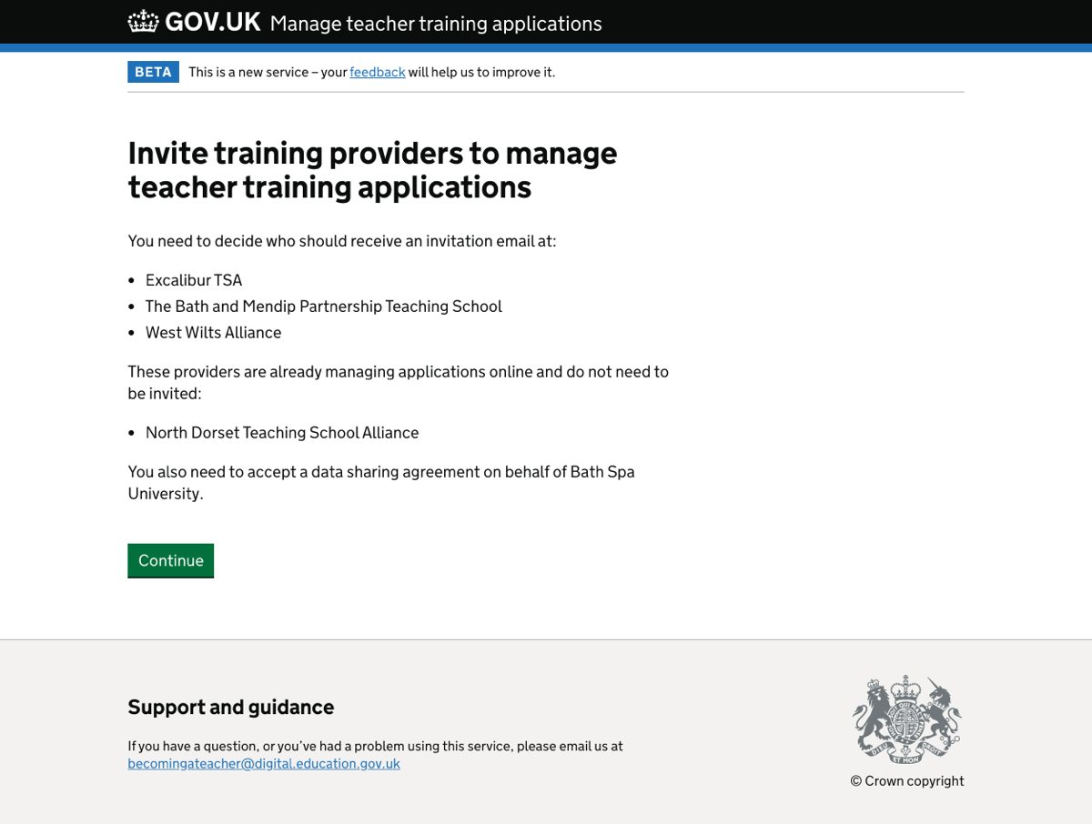 Start page inviting providers to manage teacher training applications.