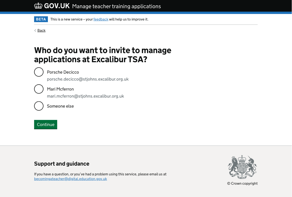 Question page asking ‘Who do you want to invite to manage applications at the training provider?’ and showing pre-defined list of people.
