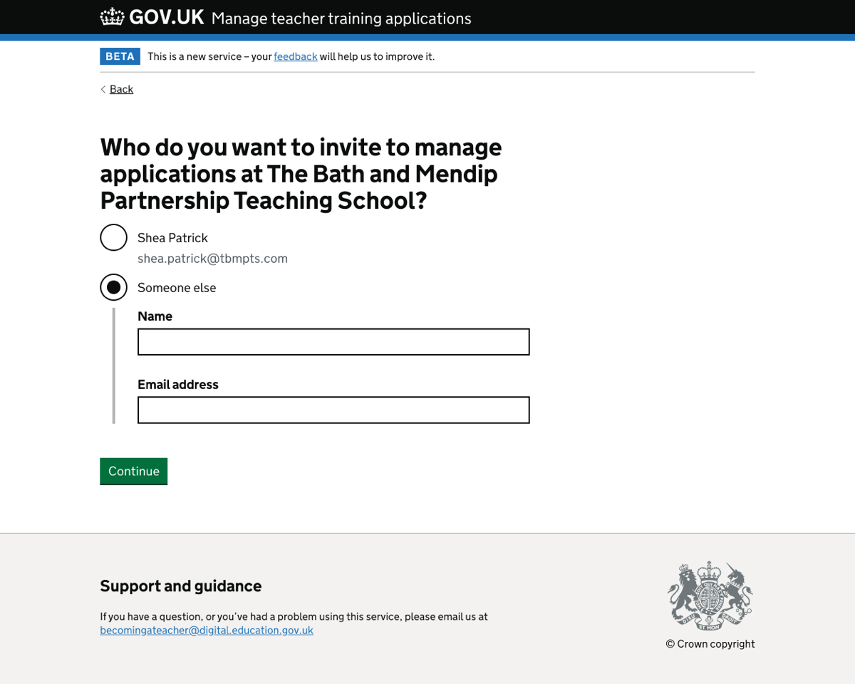 Question page asking ‘Who do you want to invite to manage applications at the training provider?’ and showing the ‘someone else’ option fields.