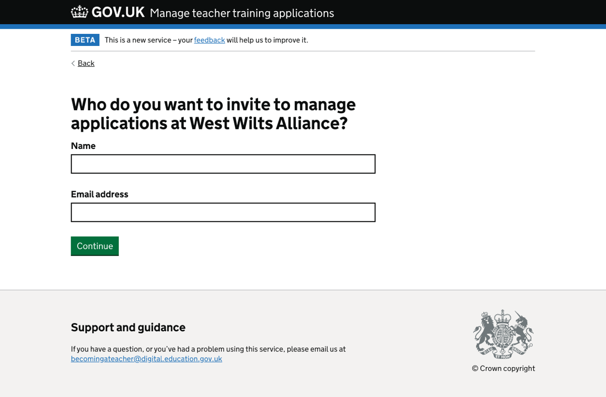 Question page asking ‘Who do you want to invite to manage applications at the training provider?’ only showing name and email fields as there are no known people in the organisation.
