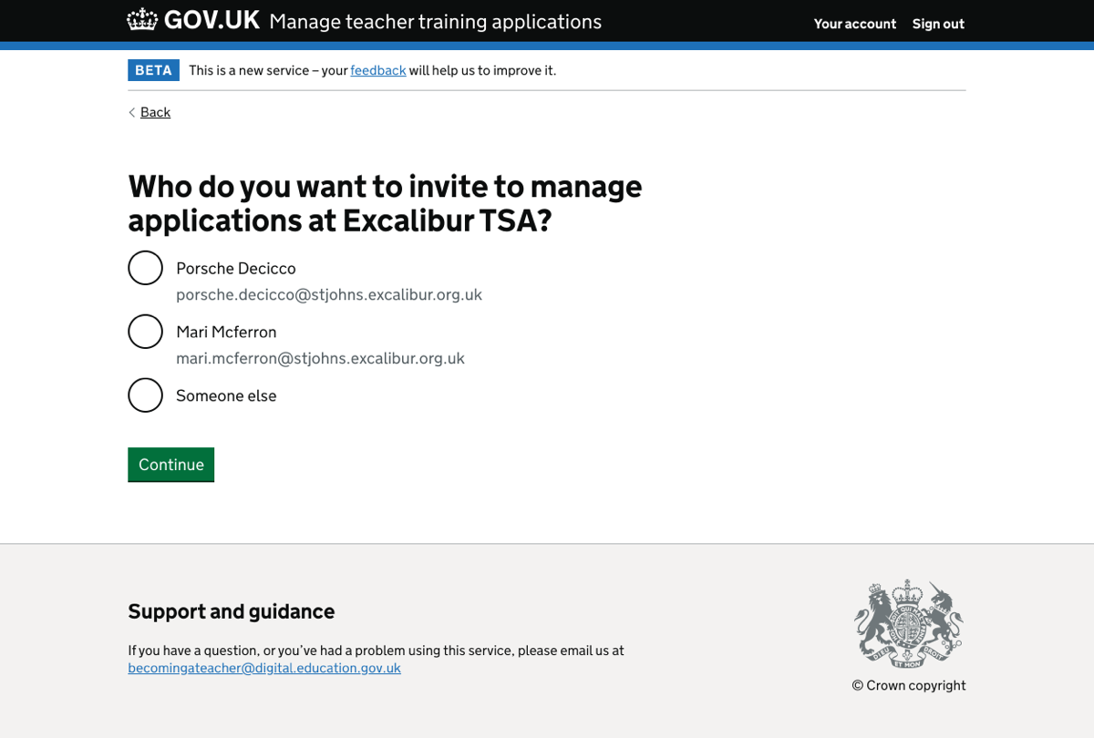 Question page asking ‘Who do you want to invite to manage applications at the training provider?’ and showing pre-defined list of people.