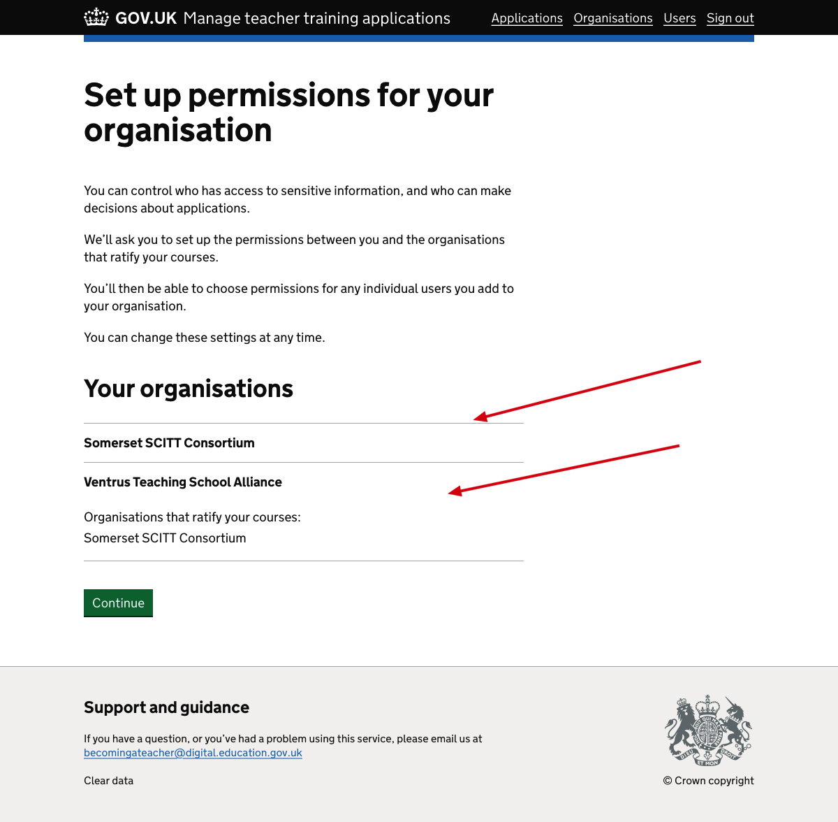 Screenshot of ‘Set up permissions for your organisation’ page.