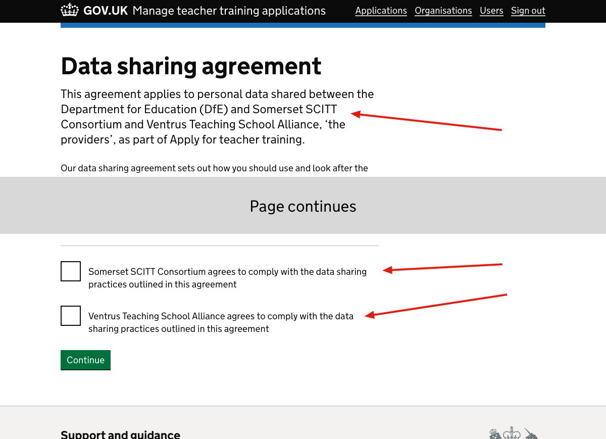 Screenshot of ‘Data sharing agreement’ page.
