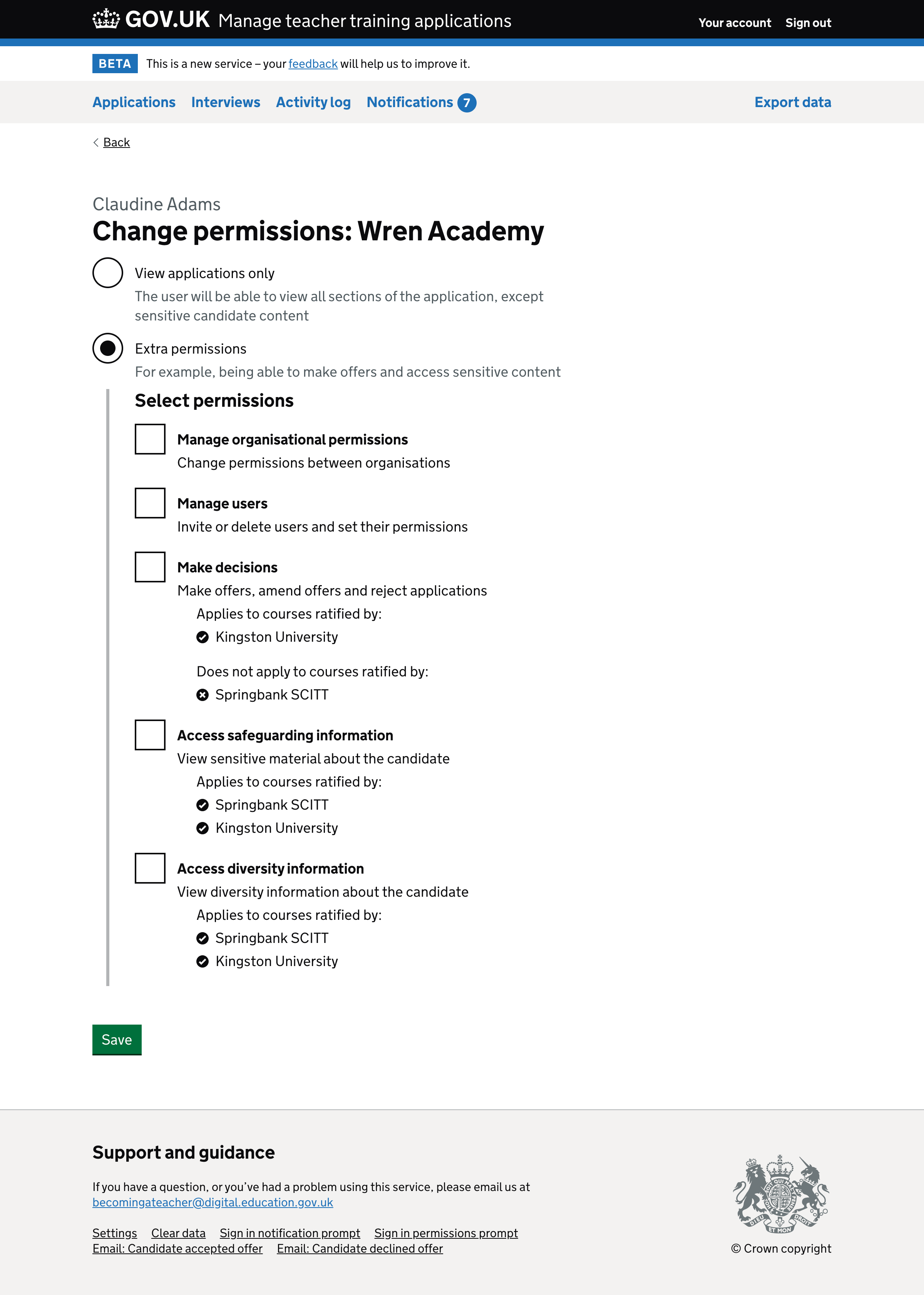 Screenshot of user permissions form.
