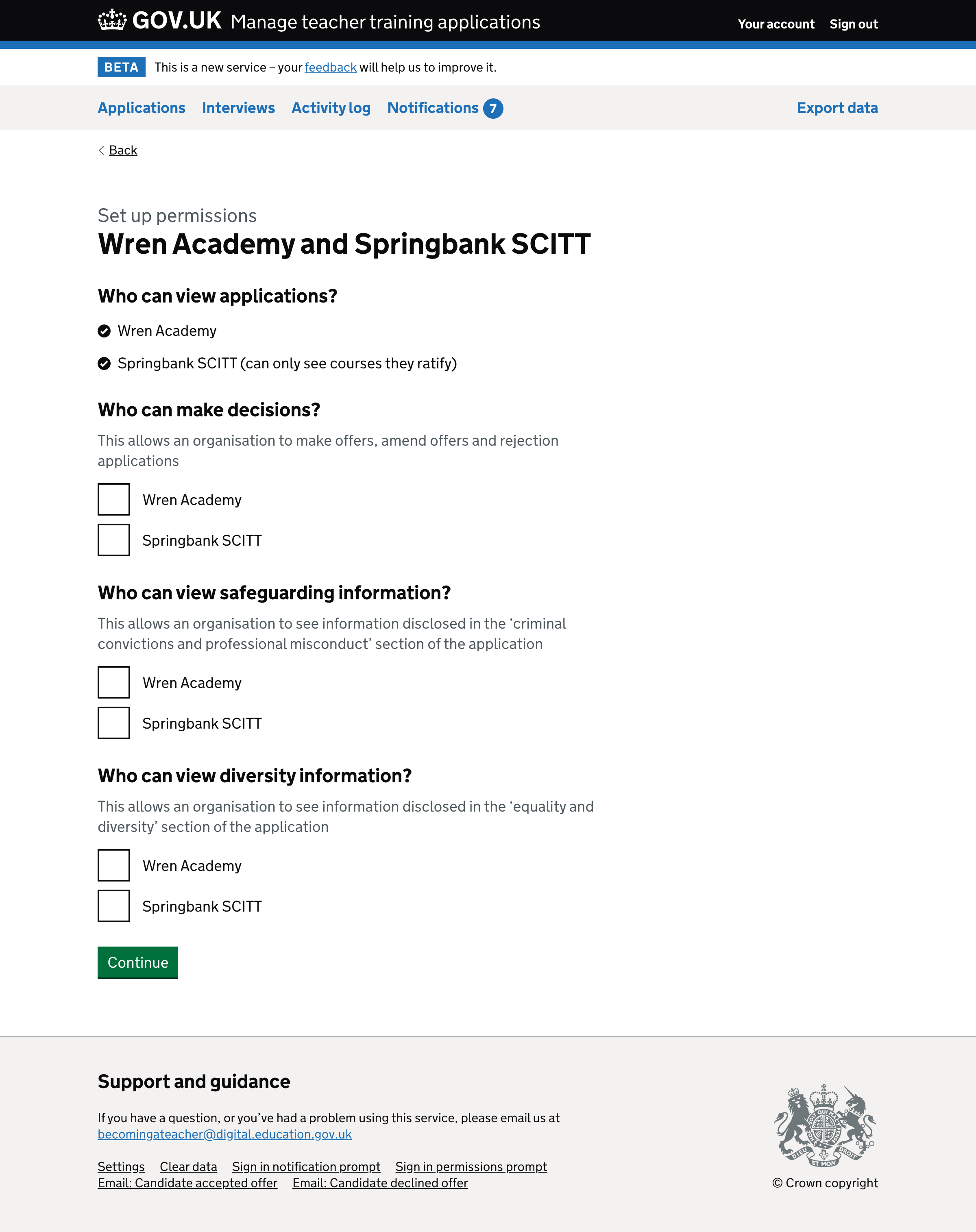 Screenshot of organisational permissions form.