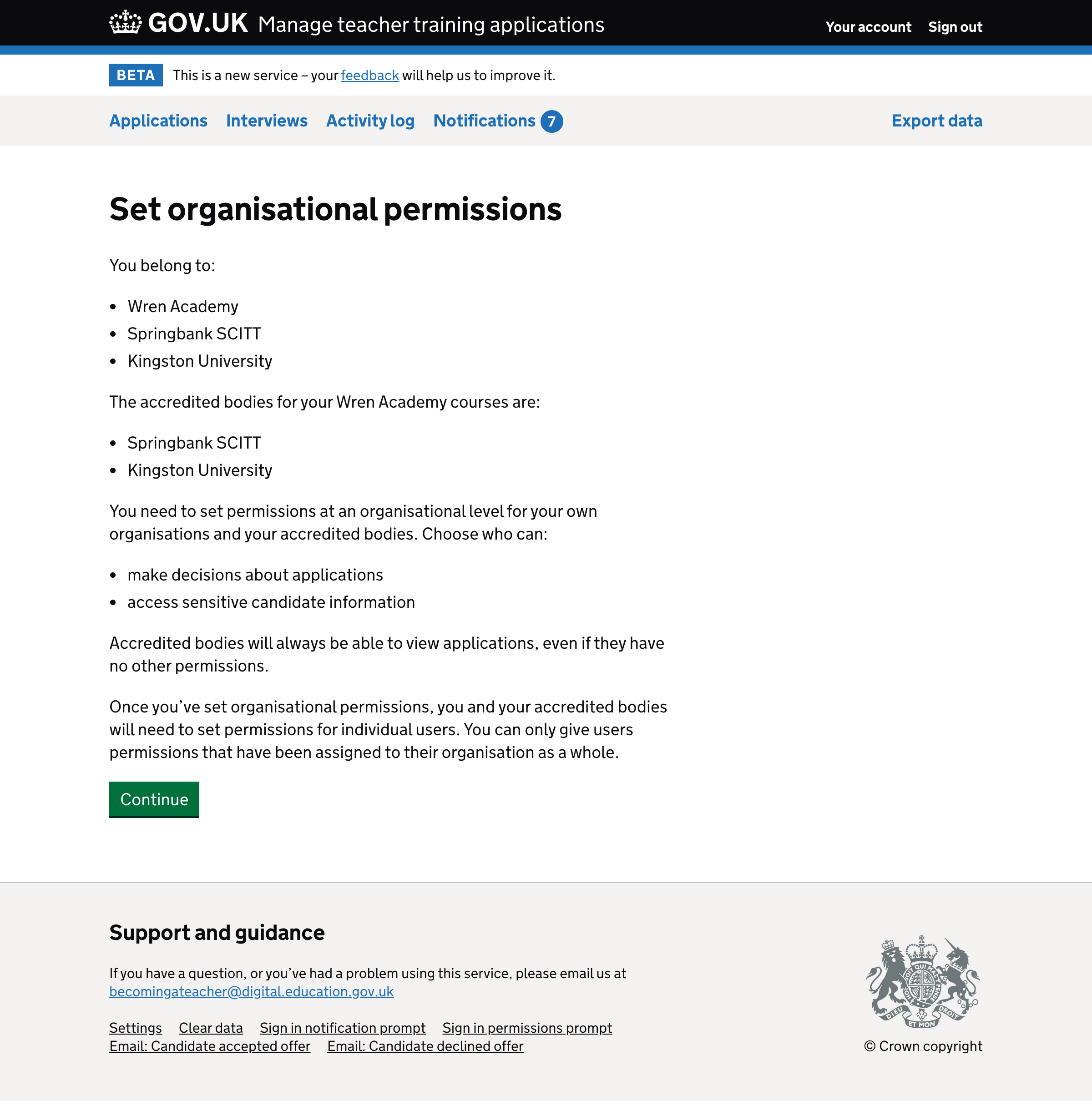 Screenshot of ‘Set organisational permissions’ page.