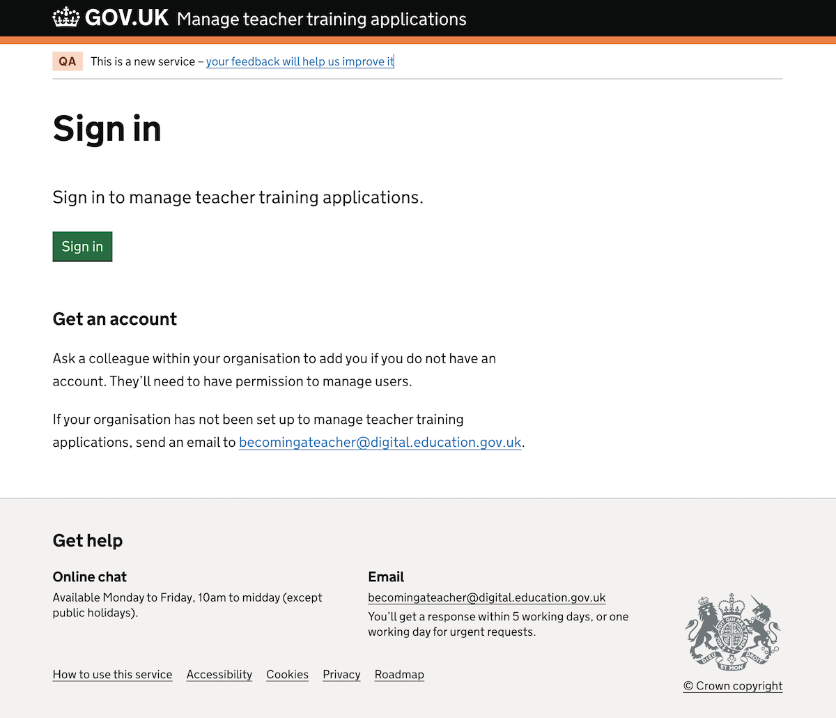 Interim page between the start page and DfE Sign-in