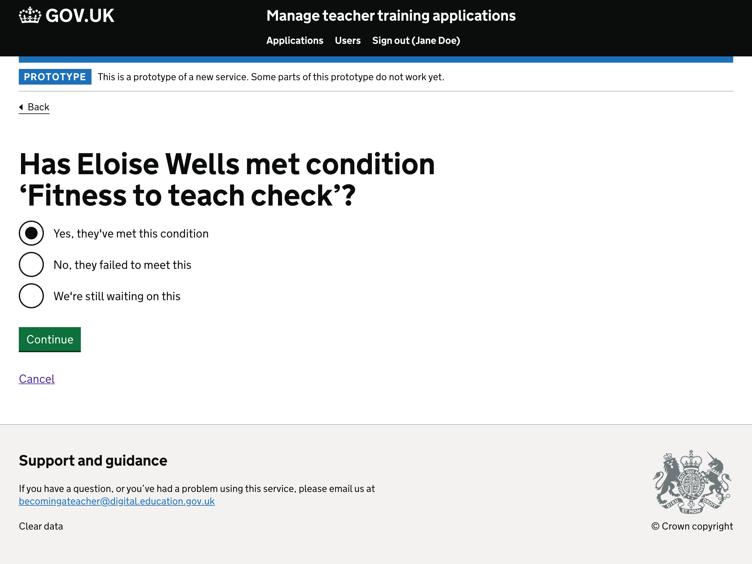 Screenshot of ‘Has Eloise Wells met condition ‘Fitness to teach check’?’ form.