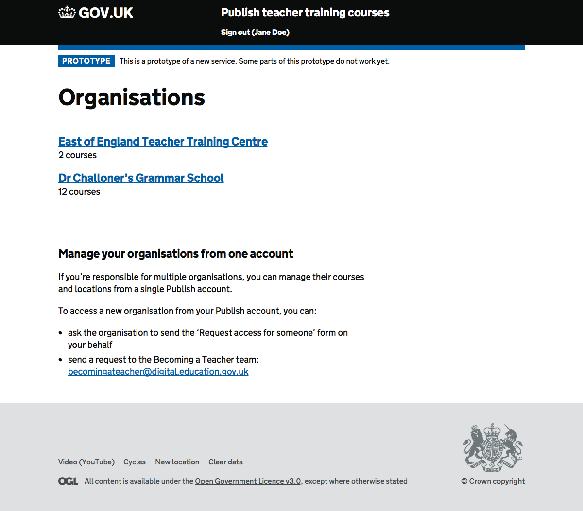 Screenshot of organisations page.