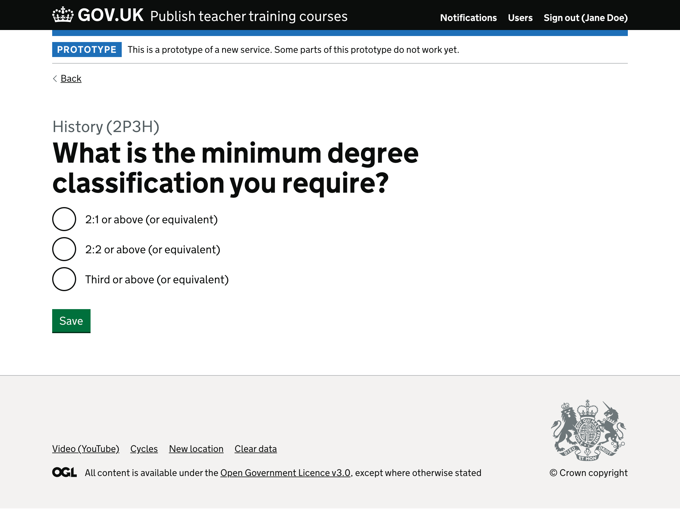 Screenshot of ‘Do you require a minimum degree classification?’ form.